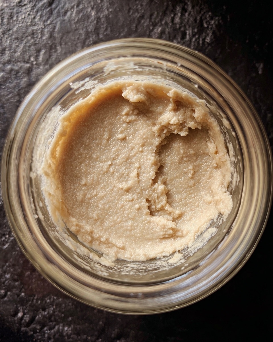 A close-up view inside a clear glass jar shows a thick, creamy paste with a pale beige color and slightly grainy texture. The paste evenly coats the bottom and inner sides of the jar, with some smudges sticking to the glass walls. The jar is resting on a dark, rough-textured surface that contrasts with the light color of the contents. photo taken with an iphone --ar 4:5 --v 7
