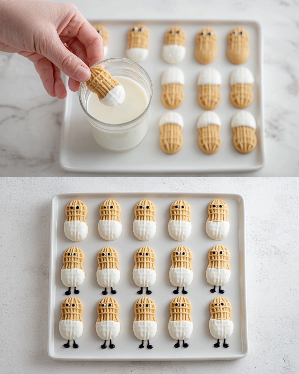 The image shows two stages of making decorated cookies. In the top two images, a woman's hand is dipping a peanut-shaped cookie with a peanut pattern in a clear glass filled with white liquid, covering the bottom half of the cookie. Below, on the left, there is a white rectangular tray with twelve of these dipped cookies set in four rows of three, each with the bottom half coated in white. On the right tray, the same cookies are decorated with small white eyes and black icing to create funny faces and thin legs, giving them a little character look. All sets are placed on a white marbled surface, and the lighting is soft and natural. Photo taken with an iphone --ar 4:5 --v 7
