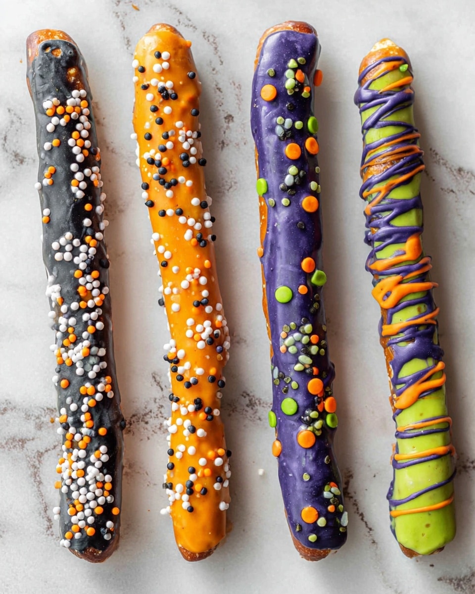Four pretzel sticks are shown laid out vertically on a white marbled surface. The first pretzel is dipped in black coating and covered with white, orange, and yellow round sprinkles. The second pretzel is coated in solid orange with a purple swirl and small round sprinkles in green, black, white, and orange. The third pretzel is coated in purple and sprinkled with the same colors as the second. The fourth pretzel visible at the edge has a green coating with purple and orange drizzles. All pretzels are glossy and detailed. Photo taken with an iphone --ar 4:5 --v 7
