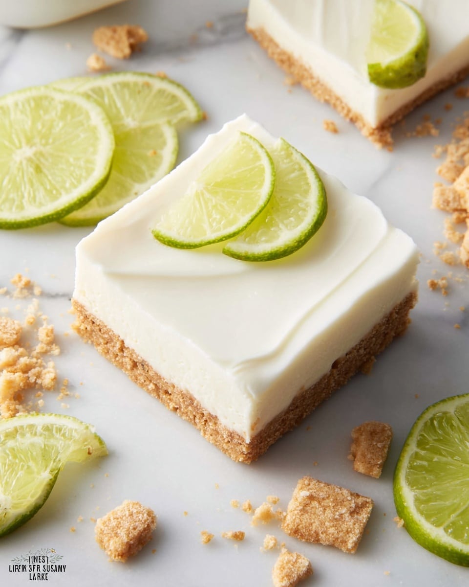 A square bar dessert sits on a white marbled surface, featuring two layers: a slightly crumbly light brown base made from crushed crackers or graham, and a thick smooth white top layer that looks creamy and soft with subtle swirls. Around the bar are several thin bright green key lime slices that add a fresh pop of color, along with scattered small cracker pieces and crumbs adding texture. The scene is softly lit and simple, showing the dessert close up and centered. Photo taken with an iphone --ar 4:5 --v 7