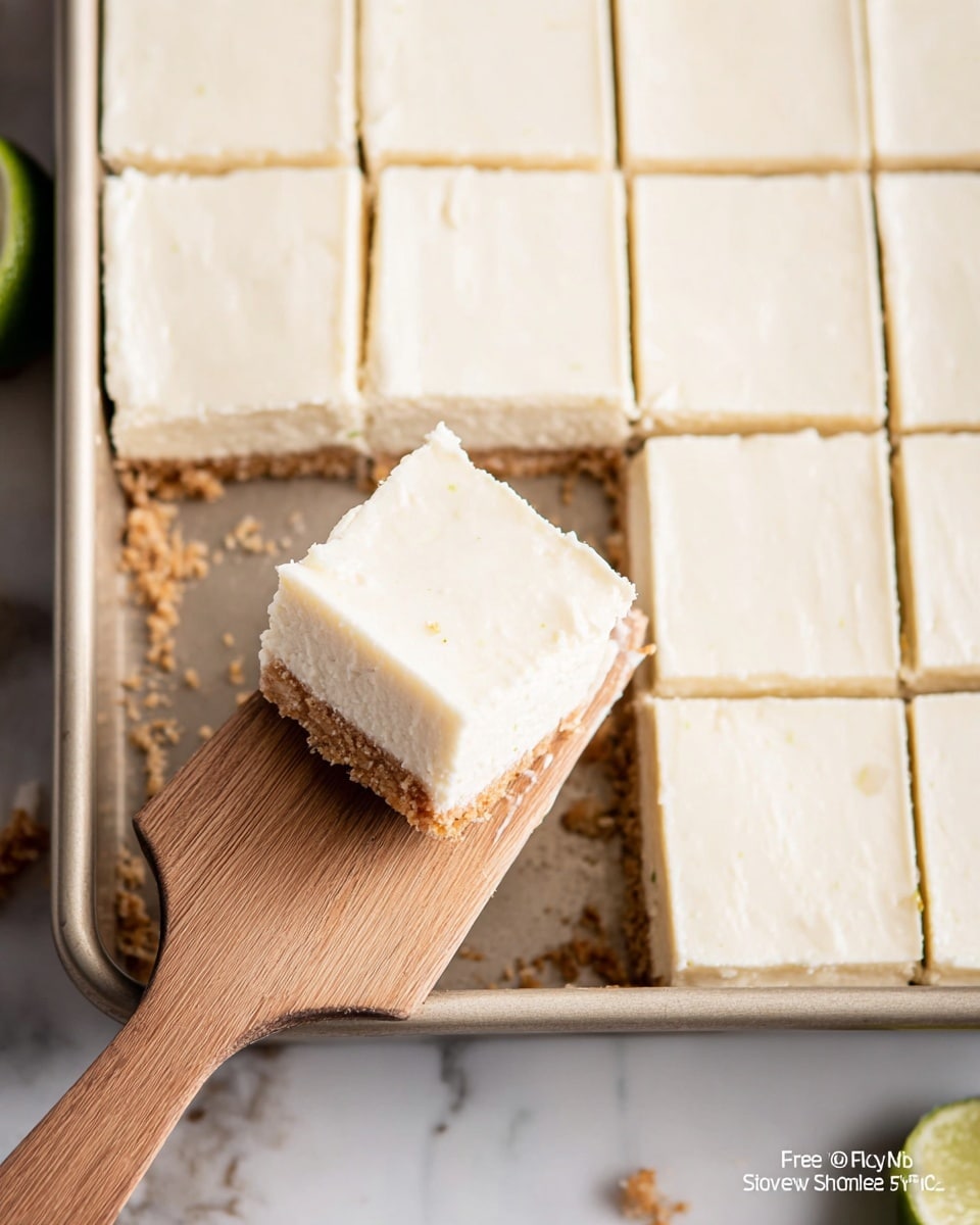 A rectangular pan filled with nine square pieces of pale creamy frozen key lime bars, each piece having a smooth, light top layer and a thin, slightly crumbly, light brown base. One square piece is lifted on a wooden spatula, showing a close-up of the pale creamy top texture and the thin crust layer underneath. The pan sits on a white marbled surface with a few crumbs scattered around. Photo taken with an iphone --ar 4:5 --v 7