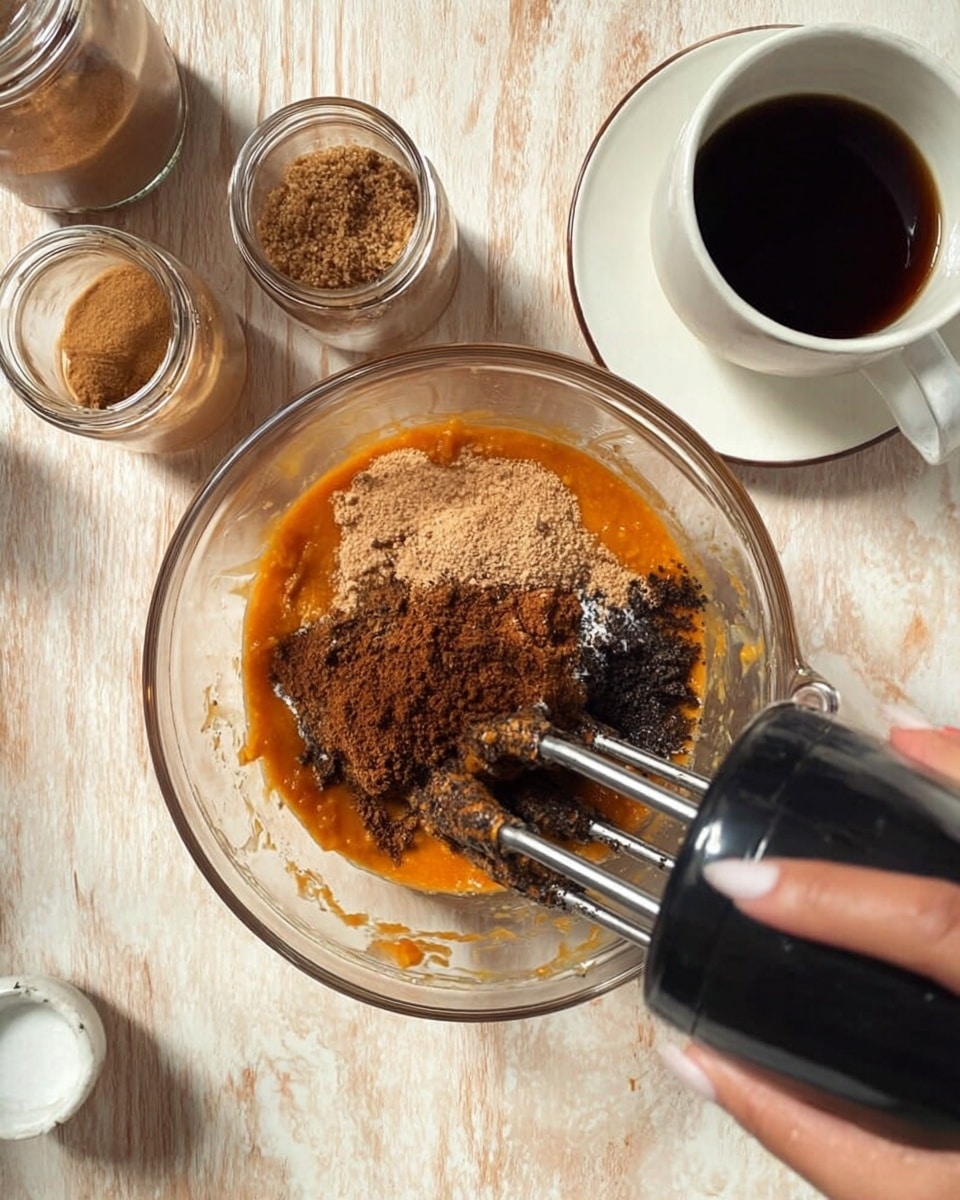 A clear glass mixing bowl sits on a white marbled surface, containing several layers of ingredients. The bottom layer is a smooth orange puree, topped with a dark brown powder and a layer of light brown granulated sugar. A woman's hand holds the bowl steady while a black electric mixer with silver beaters is partially immersed in the mixture, ready to blend. Surrounding the bowl are small glass jars filled with light brown sauce, granulated brown sugar, and a white ceramic cup with a black liquid inside. The background under everything is a light wood surface. Photo taken with an iphone --ar 4:5 --v 7