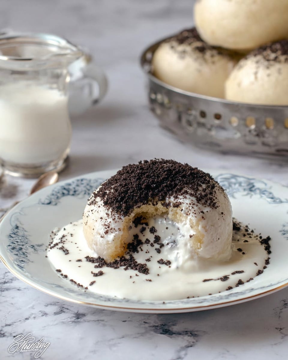 A soft round bun is placed in the middle of a white plate with light blue decorative patterns. The bun is covered with smooth white creamy sauce that pools around its base. On top of the bun and sauce, there is a generous layer of dark, finely crushed crumbs, giving a contrasting texture. The bun has a visible bite taken out of it, showing its fluffy, light inside. In the background, two more pale buns sit in a metal basket with holes, and a glass jug of white sauce is also visible. All of this is set against a white marbled texture surface. Photo taken with an iphone --ar 4:5 --v 7