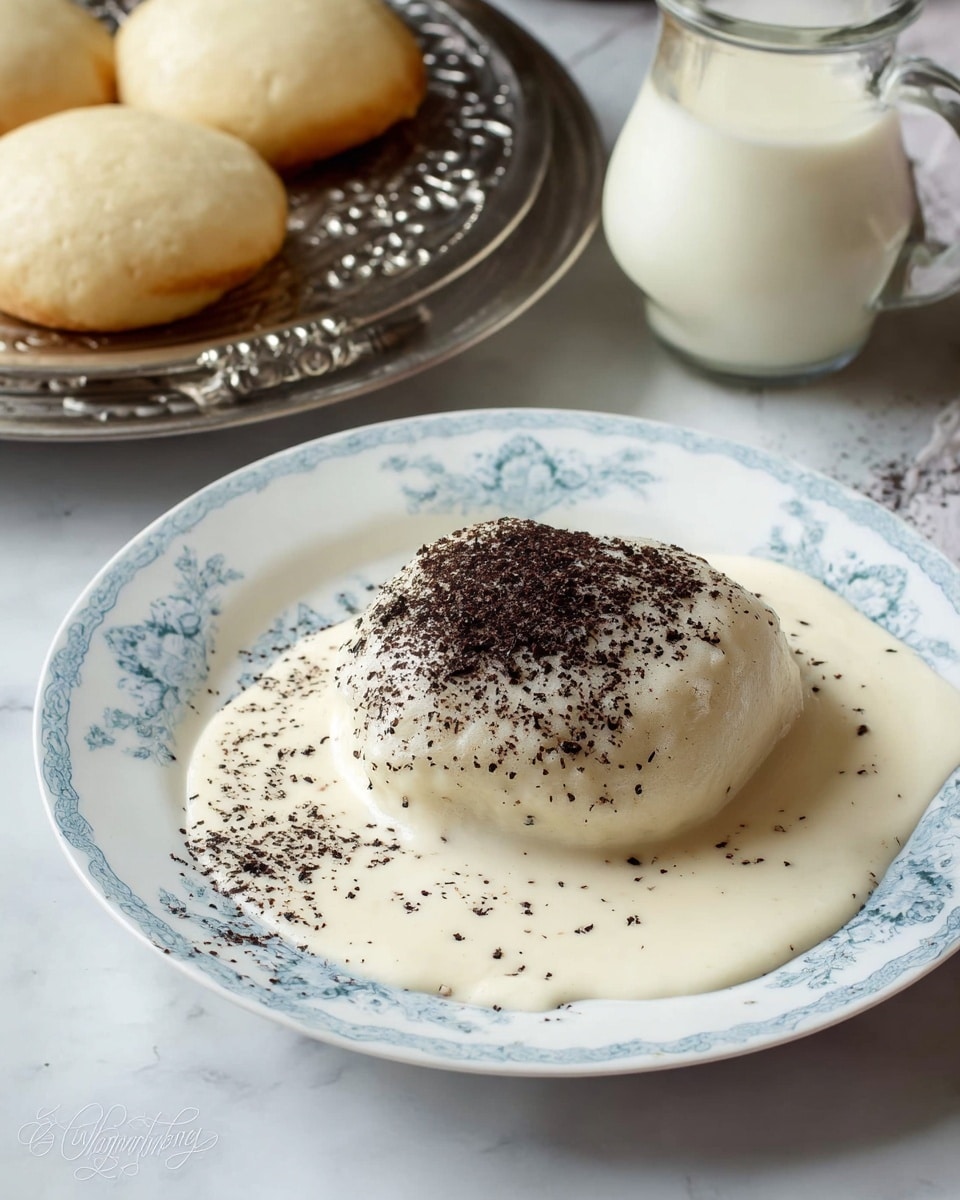 A soft, round white dough ball sits in the middle of a shallow white plate with light blue and white floral patterns around the edge. The dough ball is covered with a smooth, creamy white sauce that spreads out on the plate and is topped with a dark, fine powder sprinkled generously over it. In the background, there are two more light-colored dough balls placed on a silver steamer tray and a clear glass jug filled with a white liquid. The surface below everything is white marble with subtle light gray veins. Photo taken with an iphone --ar 4:5 --v 7