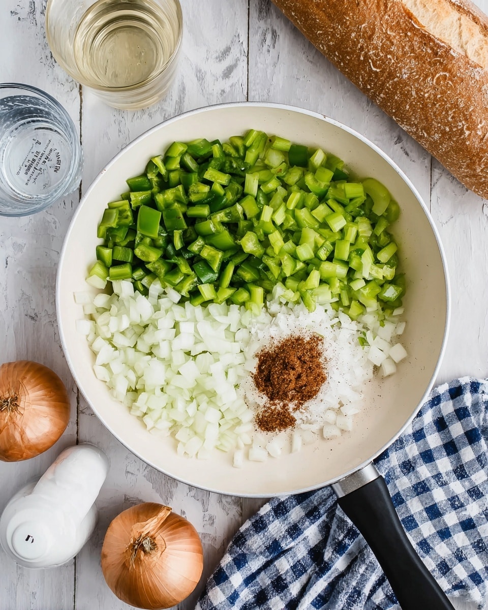A white pan filled with three separate piles of diced vegetables: dark green bell peppers on the left, light green celery in the middle, and white onion with a small heap of brown seasoning on the right. The pan handle is black and positioned at the top left. Around the pan, there is a clear measuring cup with water at the bottom left, a checked blue and white cloth near the bottom right, a glass bottle of clear liquid near the top center, a loaf of bread on the top right, and a white salt shaker at the top left corner, all placed on a white marbled textured surface. photo taken with an iphone --ar 4:5 --v 7