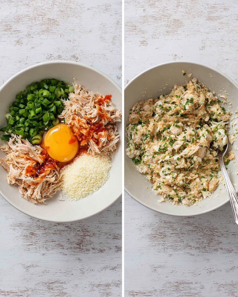 In the first image, a white bowl sits on a white marbled surface holding five distinct layers: shredded light brown crab meat takes up the top right, chopped bright green spring onions are on the bottom left, a raw egg yolk with its clear white is just right of center, creamy white mayo with a red sauce on top is below the crab meat, and pale off-white panko breadcrumbs are in the bottom right. In the second image, the same bowl now shows these ingredients all mixed together, forming a creamy, chunky, light beige mixture with green bits scattered throughout and a spoon resting inside. Photo taken with an iphone --ar 4:5 --v 7