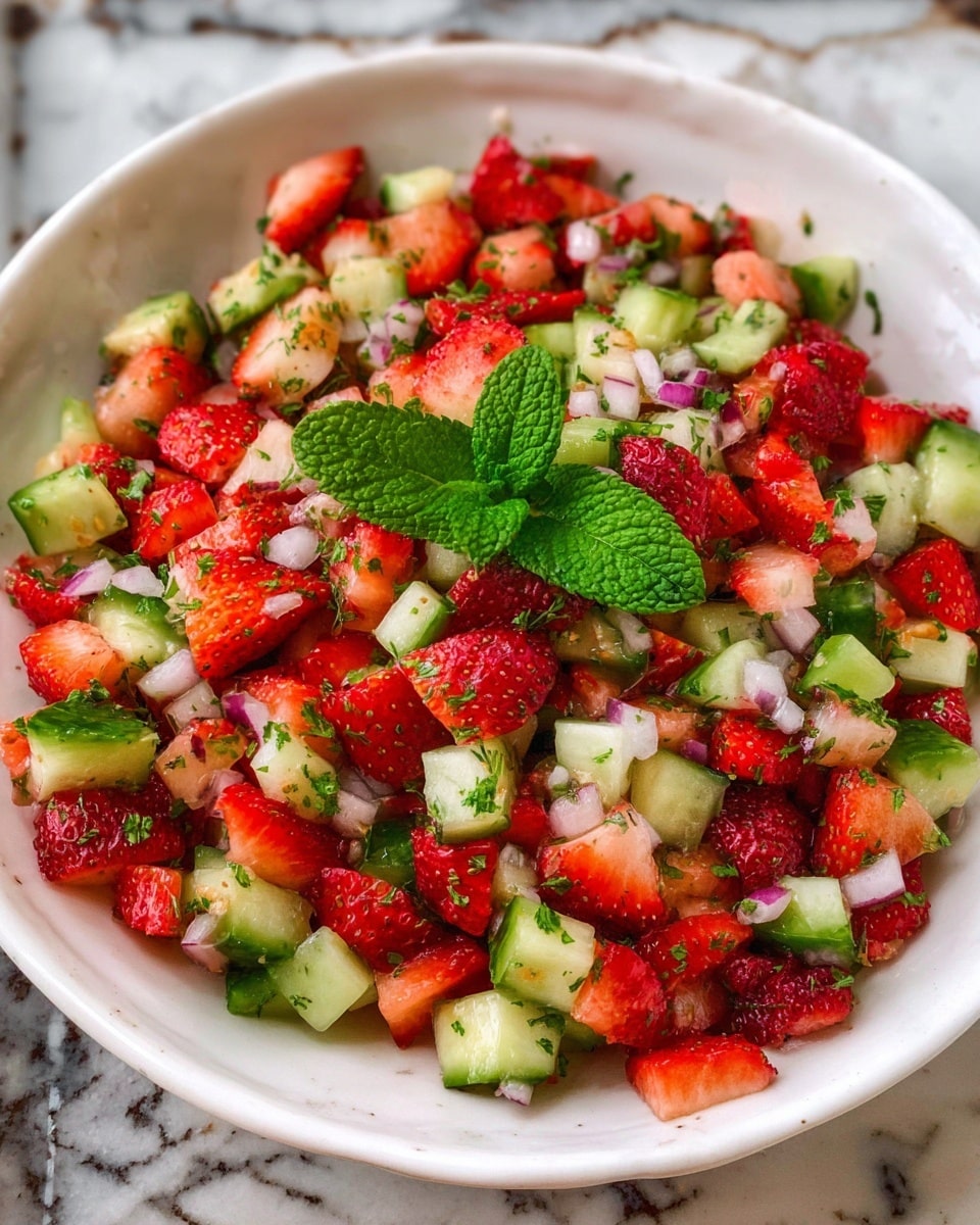 A white bowl is filled with a colorful mix of chopped strawberries, cucumbers, and onions, all cut into small, bite-sized pieces. The strawberries add bright red color with their textured seeds showing, while the cucumbers bring a fresh green hue with smooth, slightly shiny skin. The white onion pieces add contrast throughout the salad. The dish is sprinkled with small green herbs and topped with a fresh green mint leaf in the center, giving it a fresh and vibrant look. The background shows a white marbled surface. Photo taken with an iphone --ar 4:5 --v 7
