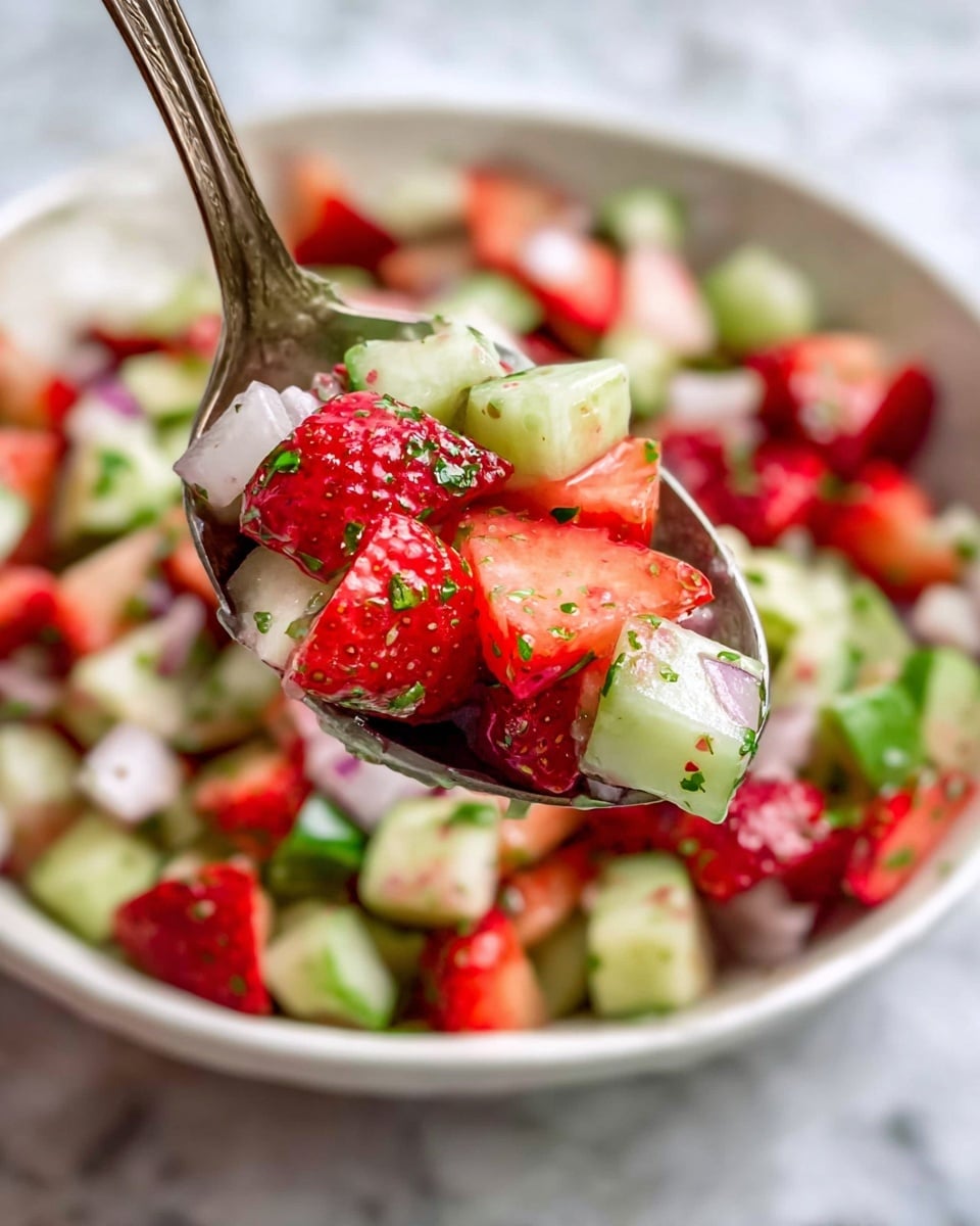 A close-up view of a spoon full of fresh diced salad with three main layers: bright red strawberries with small seeds on the surface, light green cucumber pieces with smooth skin, and small white onion pieces mixed in. The ingredients are coated with tiny green herb flakes. The spoon is held above a white bowl filled with the same colorful mixture, resting on a white marbled surface. photo taken with an iphone --ar 4:5 --v 7