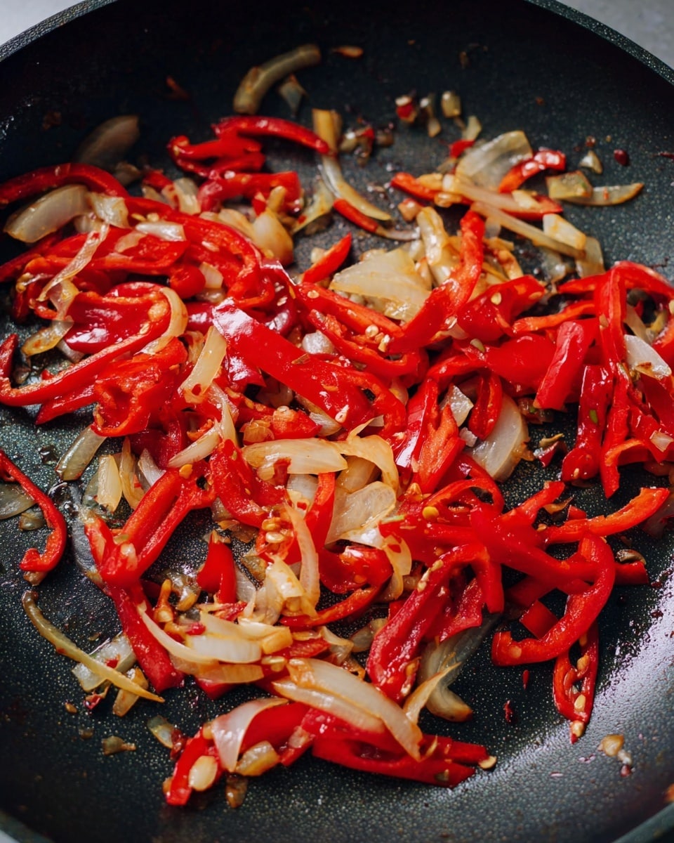 This image shows a black frying pan with a single layer of cooked sliced red chili peppers and onions. The chili peppers are bright red and slightly cooked, while the onions are translucent and lightly browned. The ingredients are spread unevenly across the pan, with some pieces showing slight caramelization and a shiny texture from oil. The frying pan surface is smooth and dark, and the overall look suggests the vegetables are being sautéed. Photo taken with an iphone --ar 4:5 --v 7