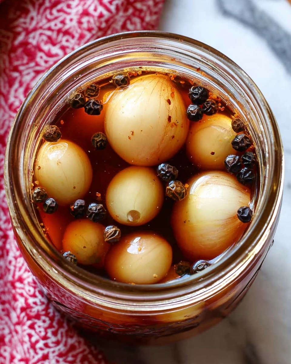 A close-up view of a glass jar filled with small pale yellow whole onions submerged in a dark brown liquid, with several black peppercorns floating on the surface and around the edges of the jar. The jar sits on a white marbled surface, partly covered by a red and white patterned cloth underneath. The top of the jar is open, showing the round, smooth texture of the onions inside. Photo taken with an iphone --ar 4:5 --v 7