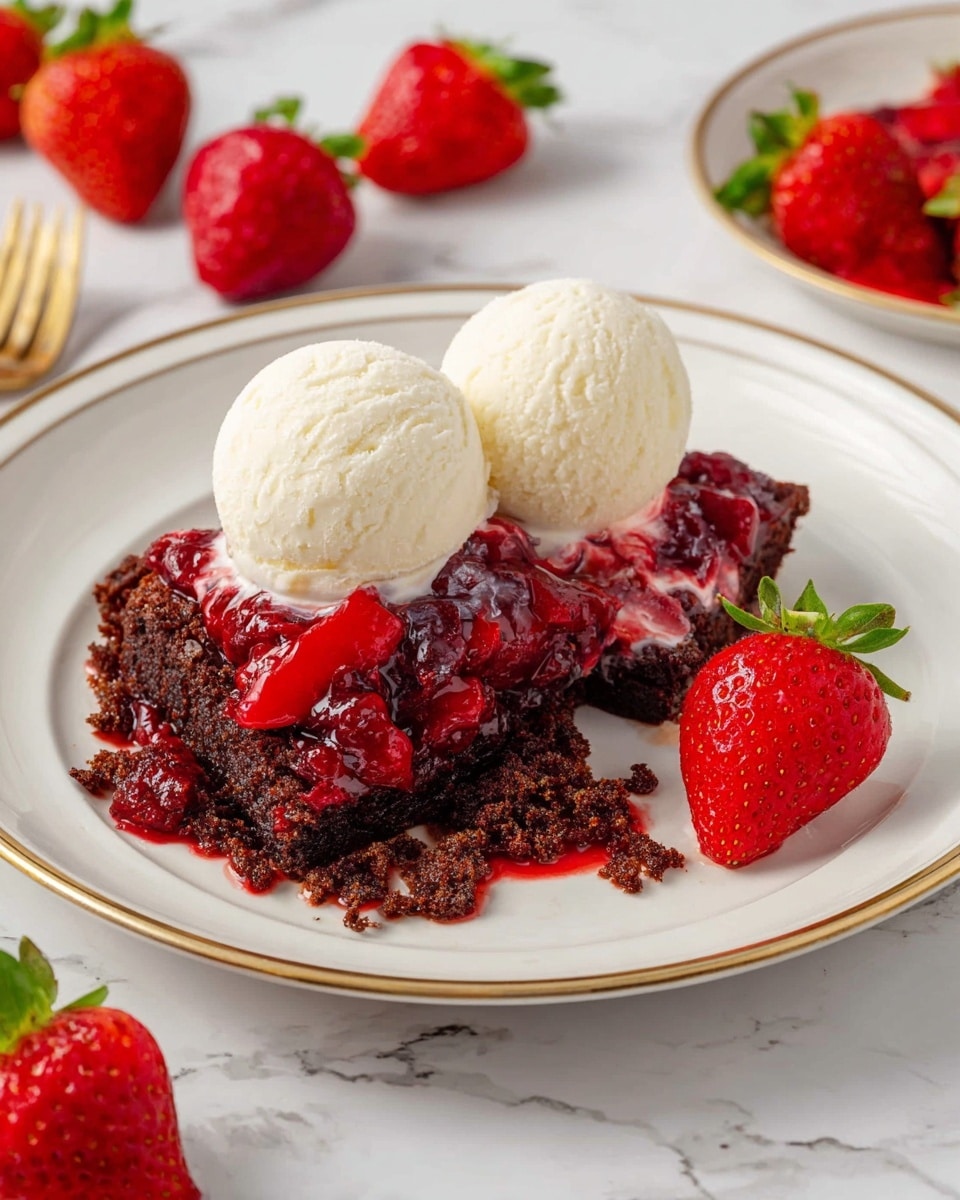 A white plate with a thin gold rim holds a dessert with three main layers: a bottom layer of dark brown crumbly cake with a moist texture, a middle layer of bright red strawberry sauce that looks thick and chunky, and a smooth, creamy off-white ice cream scooped in two round balls on top. The dessert is garnished with a fresh red strawberry, one half placed on the right side of the plate next to the ice cream. Around the plate, there are some whole red strawberries with green tops on a white marbled surface. Photo taken with an iphone --ar 4:5 --v 7