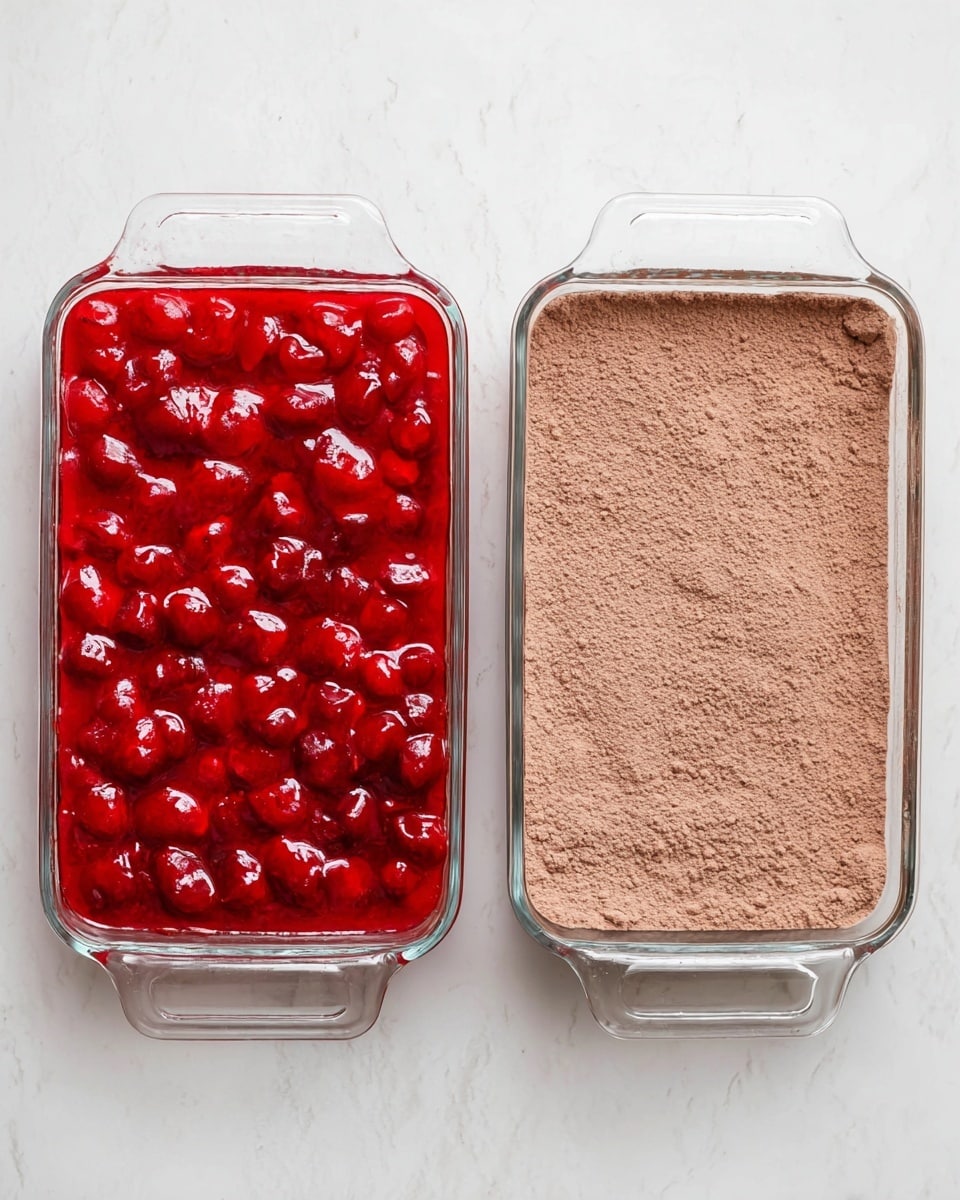 The image shows two clear rectangular glass baking dishes placed side by side on a white marbled surface. The dish on the left has one layer of bright red cherry topping with visible whole cherries covered in a glossy gel-like sauce, creating a shiny and textured surface. The dish on the right shows one layer of light brown cocoa powder evenly spread with a slightly rough, powdery texture, filling the dish to the edges. Both dishes have smooth straight edges and clear glass handles. photo taken with an iphone --ar 4:5 --v 7