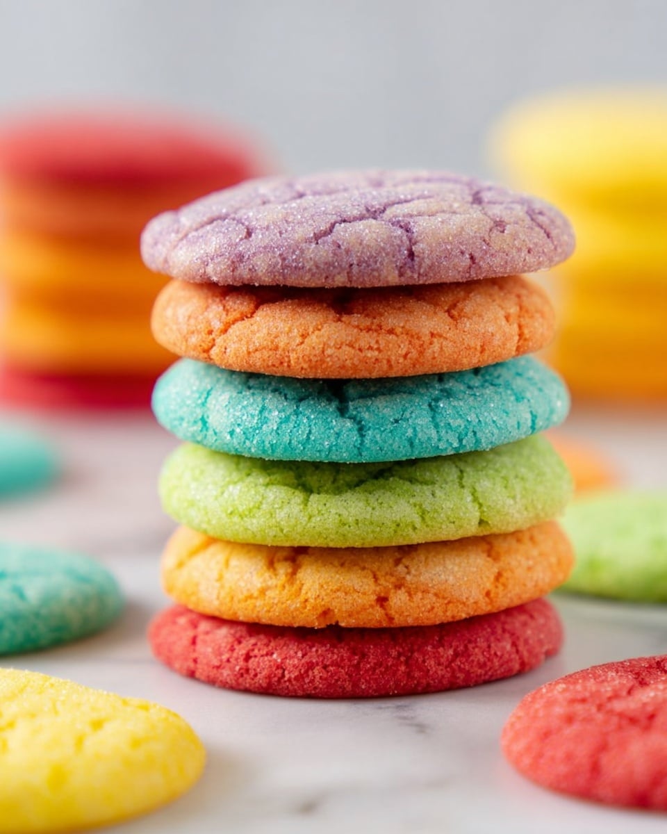 A stack of six round cookies is shown on a white marbled surface. The cookies are thin with a slightly cracked texture on top. From bottom to top, the colors of the cookies change in this order: light purple, blue, green, yellow, orange, and red. Around the stack, more cookies are scattered in the same bright colors, slightly out of focus. The background is blurry, hinting at more stacks of these colorful cookies. photo taken with an iphone --ar 4:5 --v 7