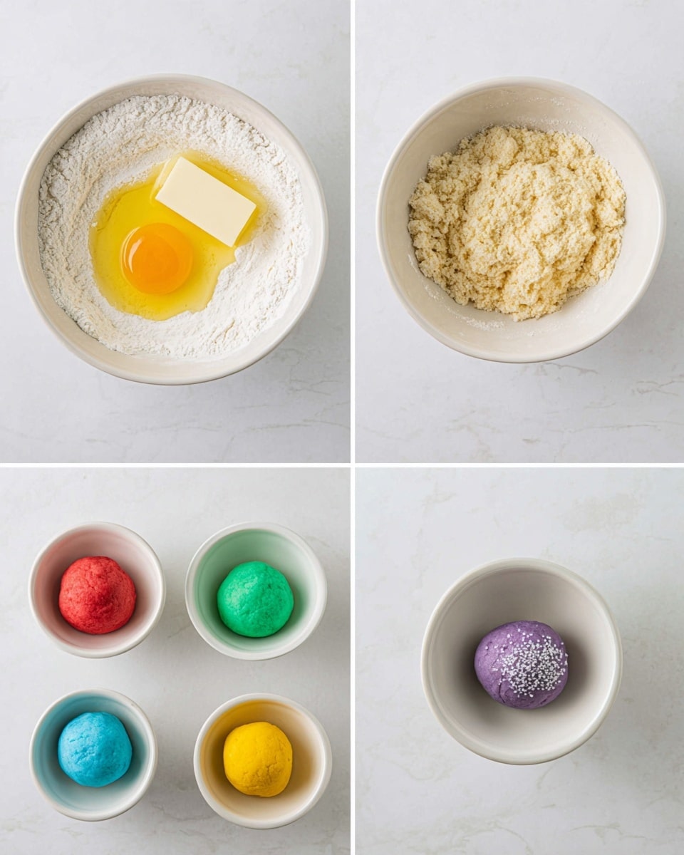 Four images show a process of making colorful dough. The first image has a white bowl with flour, a cracked yellow egg yolk, and a pale yellow block of butter on top. The second image shows the same white bowl filled with a mixed beige dough with a crumbly texture. The third image shows six small white bowls arranged in two columns and three rows, each bowl holding a round ball of smooth dough in different colors: light purple, bright red, turquoise blue, orange, green, and bright yellow. The last image shows a white bowl with a single smaller round ball of purple dough covered in sugar grains, centered in the bowl. The surface under all bowls is a white marbled texture. photo taken with an iphone --ar 4:5 --v 7