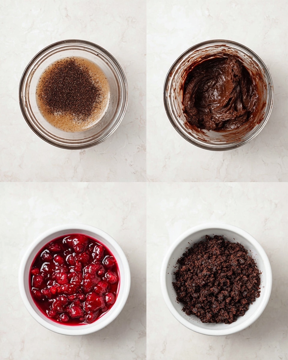 The image shows four stages of making a dessert on a white marbled texture. The top left part has a clear glass bowl with three layers inside: a light brown syrupy base, sprinkled with dark cocoa powder on top. The top right part shows the same bowl after mixing into a thick dark brown chocolate dough. The bottom left part shows a white bowl filled with bright red, glossy cherry filling. The bottom right part has the same white bowl layered with the cherry filling at the bottom, topped with the crumbled dark chocolate dough. photo taken with an iphone --ar 4:5 --v 7