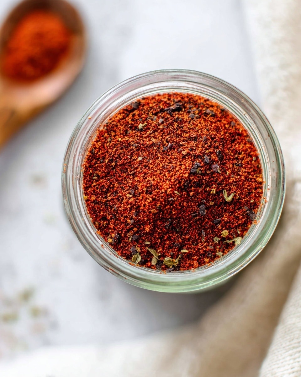 The image shows a close-up view of a glass jar filled with a finely ground red spice mix with small bits of dark brown and slightly green herbs scattered throughout. The jar is placed on a white marbled surface with soft lighting highlighting the texture of the spice mix, showing its granular and powdery look. In the blurred background, there is a wooden spoon holding some of the spice mix. A cream-colored cloth is also partly visible at the edge of the frame. photo taken with an iphone --ar 4:5 --v 7