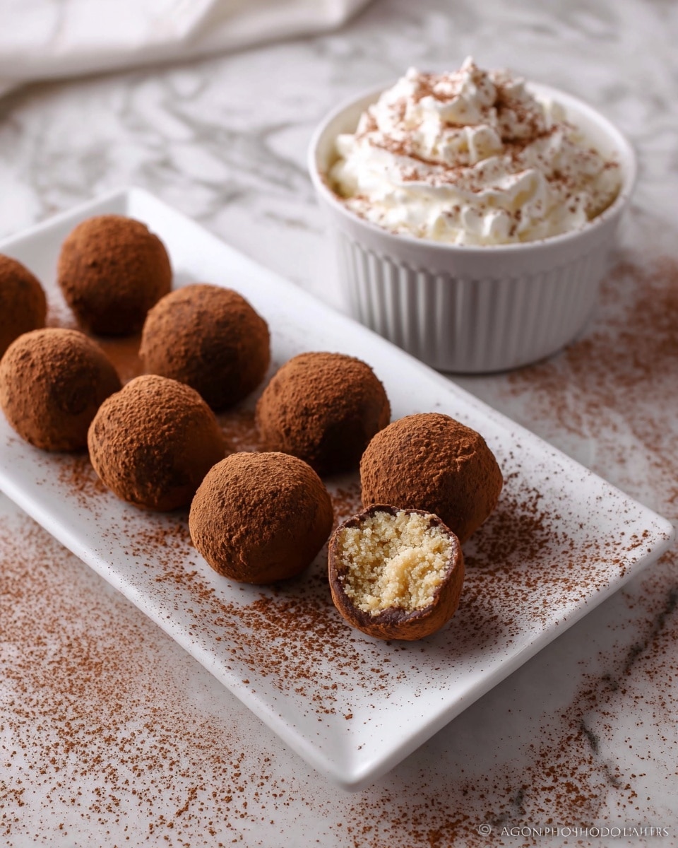 The image shows a white rectangular plate on a white marbled surface holding ten round chocolate truffles, all covered in a light dusting of brown cocoa powder. One truffle is slightly lifted and displays a pale, crumbly inside contrasting with the darker cocoa outside. To the right side of the plate, there is a white bowl filled with whipped cream topped with a sprinkling of cocoa powder. The overall look is warm and inviting. photo taken with an iphone --ar 4:5 --v 7