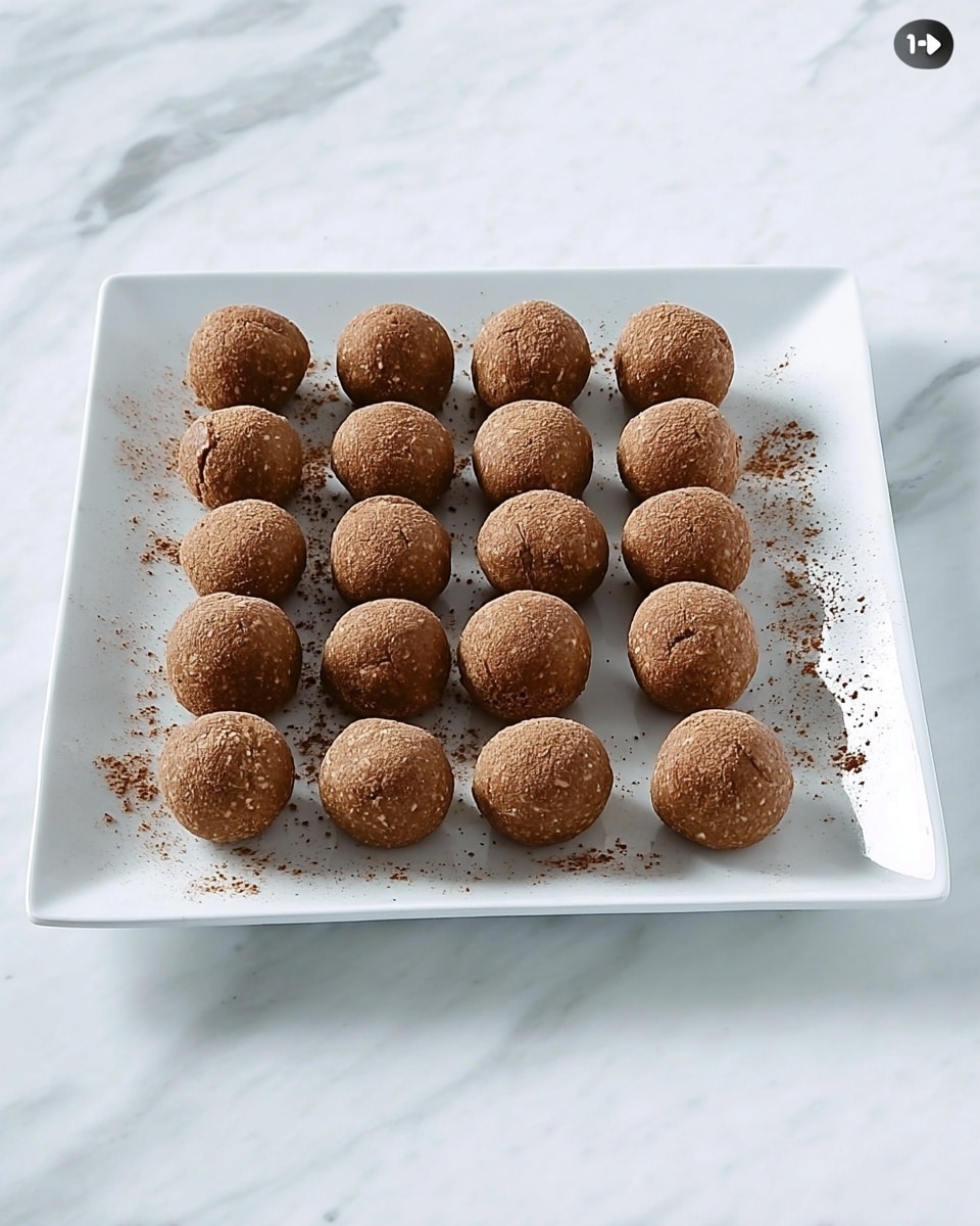 A white square plate sits on a white marbled surface, holding 24 round brown balls arranged in a neat 4 by 6 grid. The balls are slightly rough in texture, with some crumbs scattered lightly on and around them on the plate. The lighting is natural, showing the matte surface of the balls in even detail, with some slight cracks visible on a few. photo taken with an iphone --ar 4:5 --v 7