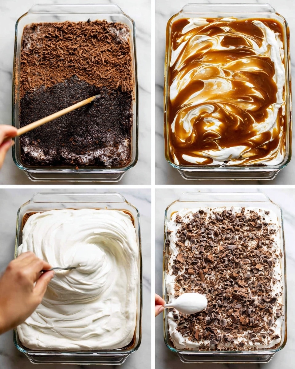 The image shows a four-step process of making a layered dessert in a clear glass rectangular dish. The first layer is a dark, moist chocolate cake with a rough texture, and a woman's hand is poking holes with a wooden stick. The second layer is a mix of brown caramel-colored syrup and white creamy topping, swirled across the surface. In the third layer, a thick, white creamy layer is spread evenly over the syrup, being smoothed by a woman's hand with a spoon. The final layer covers the white cream with small pieces of chopped chocolate sprinkled all over, creating a textured dark and light contrast. All images have a white marbled surface background. Photo taken with an iphone --ar 4:5 --v 7