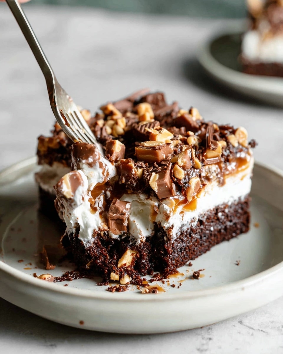 A close-up of a square chocolate dessert on a white plate, showing three main layers: a dark, moist chocolate cake layer at the bottom, a thick white creamy layer in the middle, and a top layer covered with chopped pieces of chocolate and caramel candy in light brown and milk chocolate shades. A woman's hand is holding a fork that is breaking the dessert, with soft crumbs and cream visibly lifting off. The plate is set on a white marbled surface, with a blurred white plate in the background. The lighting highlights the moist texture of the cake and the smooth cream layer. photo taken with an iphone --ar 4:5 --v 7