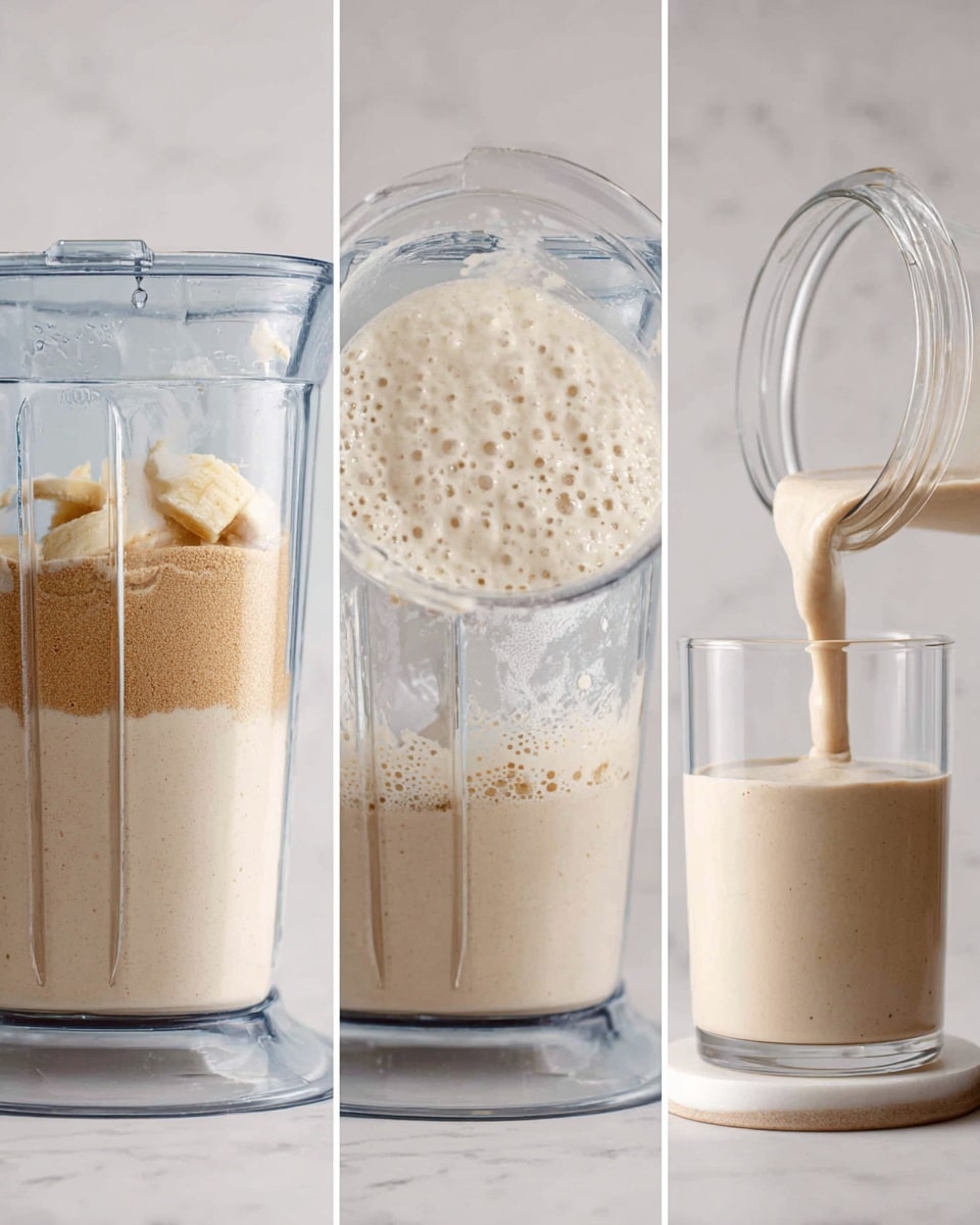 The image shows a sequence of three panels on a white marbled surface. The first panel displays a transparent blender filled with layers of ingredients including light beige powder, creamy light tan pieces of banana, some small ice cubes, and a splash of white liquid. The second panel reveals the blender again, now with the ingredients blended into a foamy, creamy beige mixture with small bubbles on top, showing a smooth texture. The third panel features a close-up of a transparent glass being filled with the creamy beige shake from the blender, focusing on the smooth flow of the liquid and the glass resting on a white coaster. photo taken with an iphone --ar 4:5 --v 7