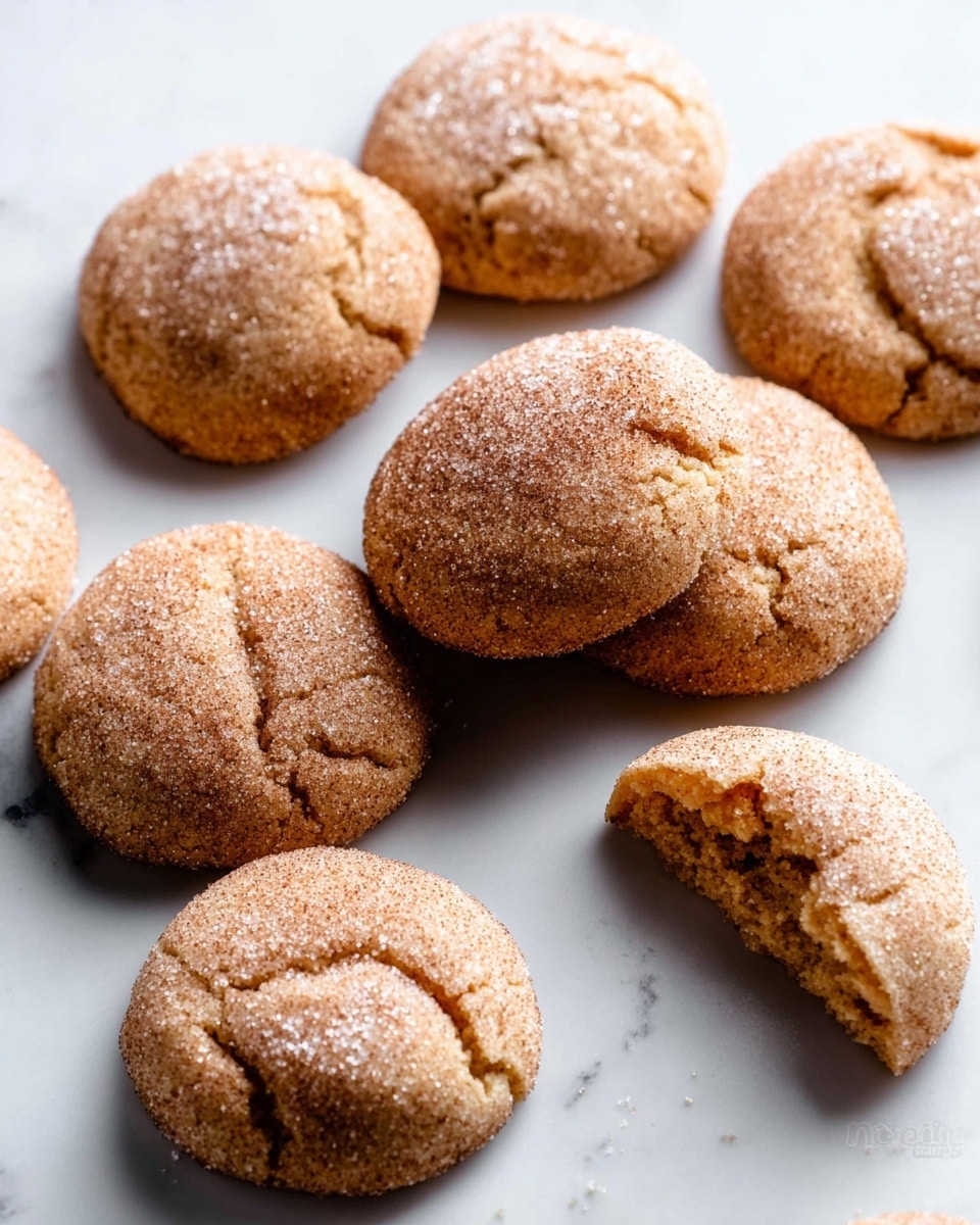 A group of nine round cookies with a light brown color and a slightly cracked surface are arranged on a white marbled texture. The tops of the cookies are dusted with granulated sugar, giving a sparkling effect. One cookie near the top right is broken in half, revealing a soft and crumbly inside with a similar light brown color. The cookies are placed close together in a casual, scattered way, with some overlapping. The overall look is warm and inviting, with a simple, clean background that highlights the cookies. photo taken with an iphone --ar 4:5 --v 7