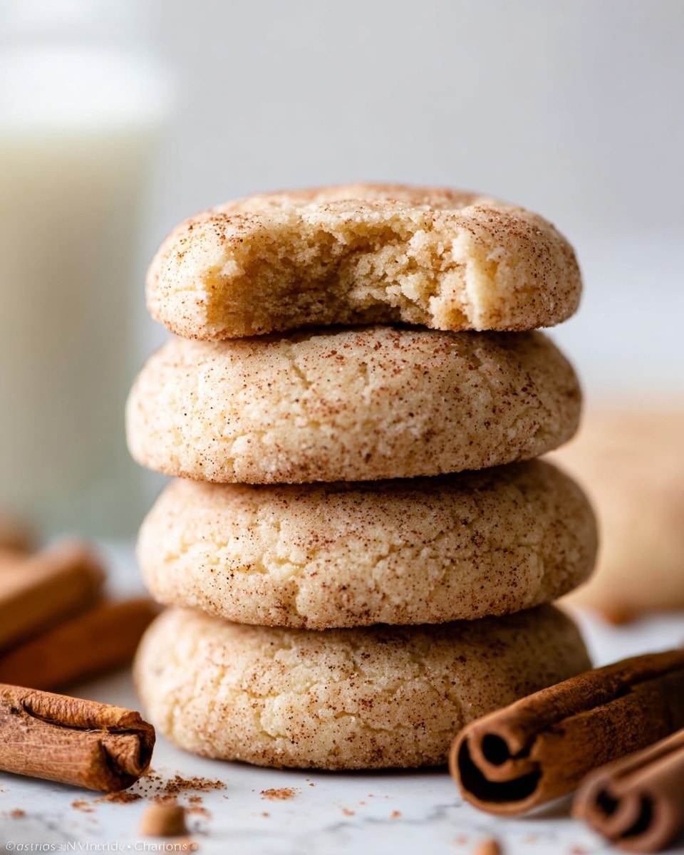 A stack of four round cookies sits on a white marbled surface, each cookie light brown with a slightly cracked texture and speckled with small darker brown spots. The top cookie is bitten, showing a soft and crumbly inside, while cinnamon sticks are placed around the stack, adding a warm, rustic touch. The background is softly blurred, with a glass of white milk just visible behind the cookies. photo taken with an iphone --ar 4:5 --v 7