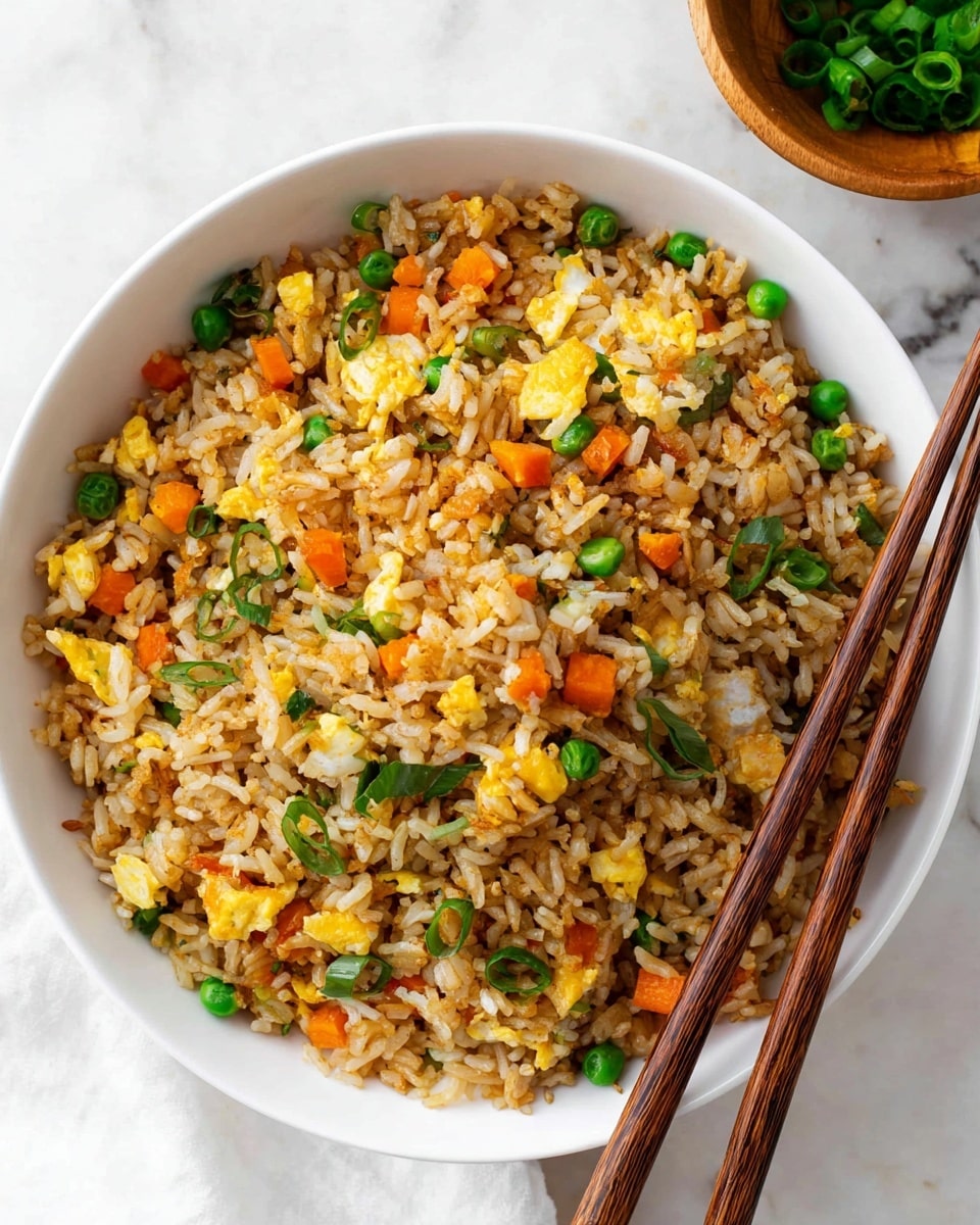 A white bowl filled with fried rice showing three main layers: the base layer is light brown rice mixed with small green peas scattered evenly, the second layer has small bright orange carrot cubes and yellow scrambled egg pieces spread throughout, and the top layer includes dark green chopped spring onions. Two wooden chopsticks rest on the right side of the bowl, slightly touching the rice. The bowl is placed on a white marbled surface with some chopped green onions in a wooden bowl nearby. Photo taken with an iphone --ar 4:5 --v 7
