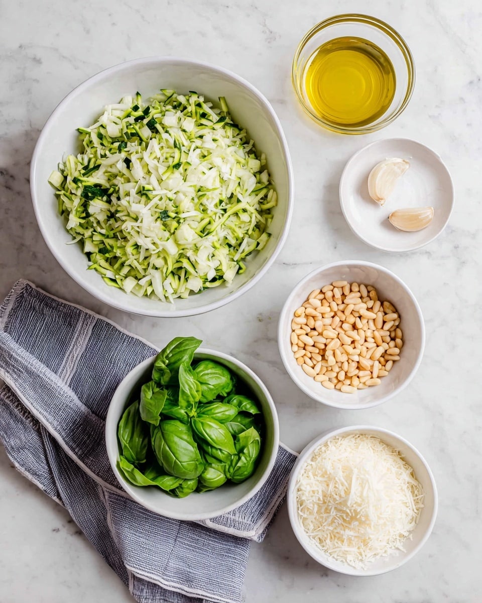 The image shows six white bowls placed on a white marbled surface, each containing different fresh ingredients arranged neatly. The largest bowl holds finely shredded green and white zucchini pieces with visible bits of dark green skin. Below it, a bowl is filled with bright green fresh basil leaves that look soft and leafy. To the right of the basil, there is a bowl full of small, light brown pine nuts, slightly varied in shade. Near the top right, a small bowl contains a single peeled garlic clove. Above this bowl is a clear glass filled with golden yellow olive oil. At the bottom right, a bowl is piled high with finely grated white cheese. A gray and white striped cloth is partially under the largest bowl. photo taken with an iphone --ar 4:5 --v 7