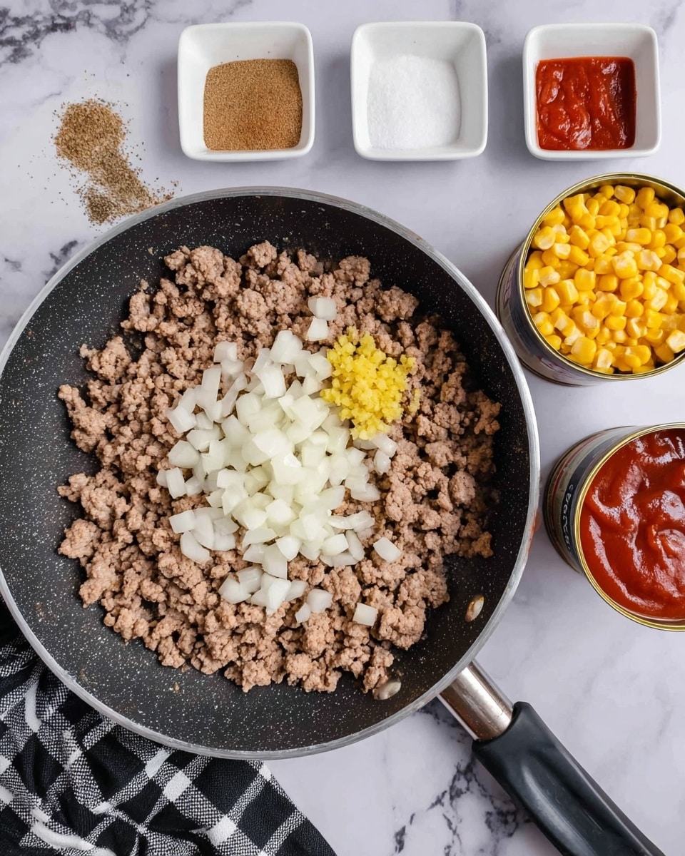 A large frying pan holds a mix of cooked ground meat, small pale brown in color, topped with a heap of chopped white onions and a small pile of minced yellow garlic placed on the right side of the onions. Surrounding the pan on a white marbled surface are four small white square bowls containing different spices: brown sugar, red chili powder, white salt, and black pepper. To the right, there are two open cans, one filled with bright yellow corn kernels and the other with dark red tomato sauce. A black spatula is partially visible on the lower right, and a black and white checkered cloth is under the pan's handle. Photo taken with an iphone --ar 4:5 --v 7