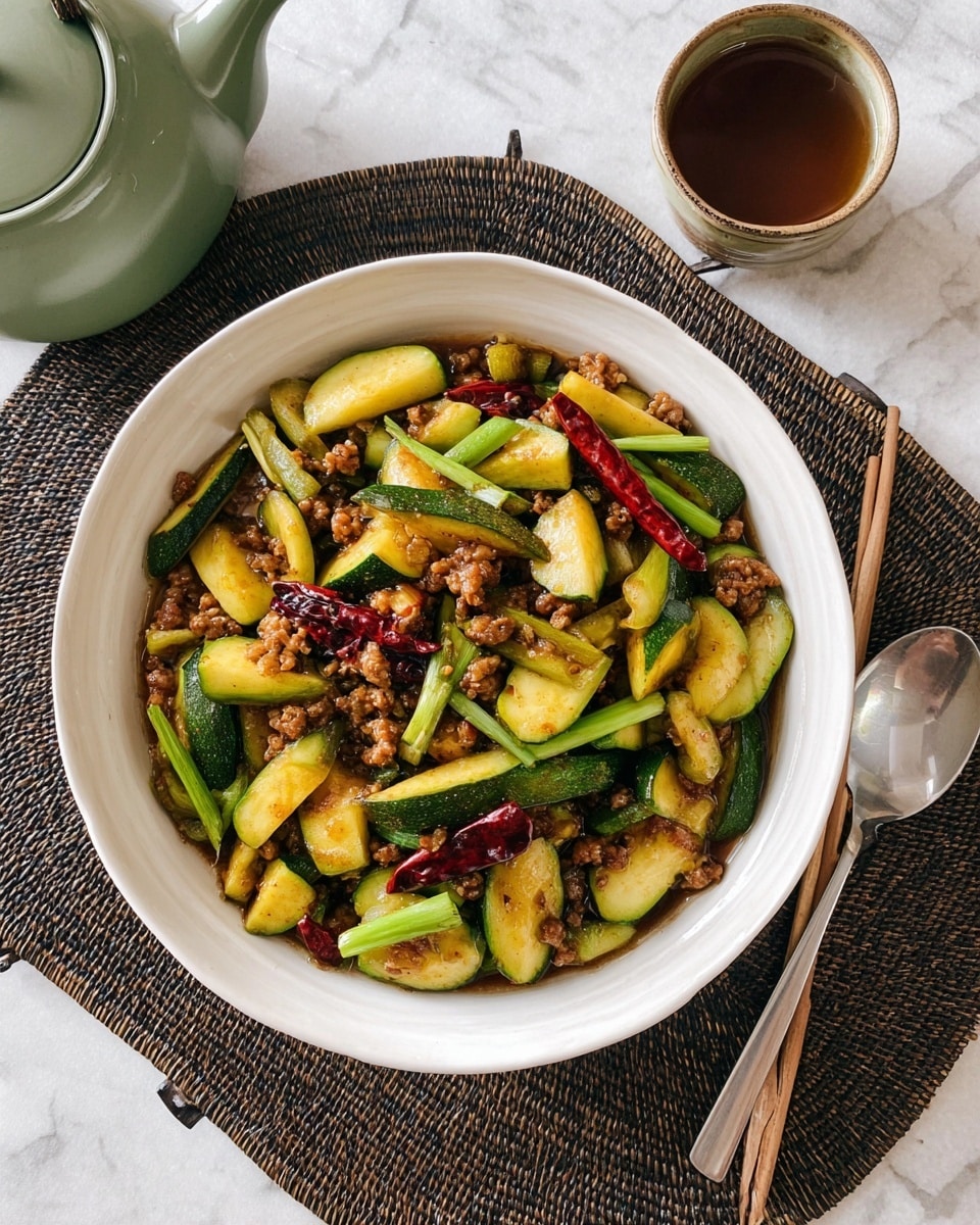 A white bowl filled with stir-fried zucchini pieces in bright green and soft yellow tones mixed with cooked minced meat in small brown chunks, scattered slices of green onion, and several whole red dried chilies. The dish sits on a dark woven placemat on a white marbled surface. Next to the bowl is a shiny silver spoon and a small light brown cup filled with a dark liquid. In the top left corner, part of a green teapot with a rounded spout is visible. Photo taken with an iphone --ar 4:5 --v 7