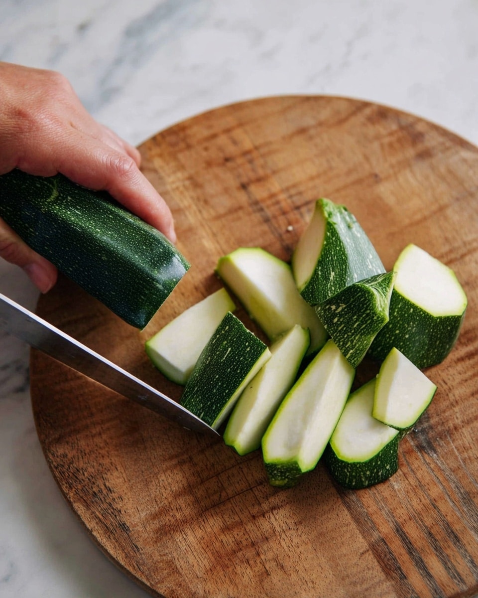 A woman's hand is holding a green zucchini firmly on a round wooden cutting board while slicing it with a shiny knife. The zucchini is partially chopped into uneven thick pieces lying next to the uncut part. The white soft inside and dark green skin of the zucchini are clearly visible, and the background features a white marbled surface. photo taken with an iphone --ar 4:5 --v 7