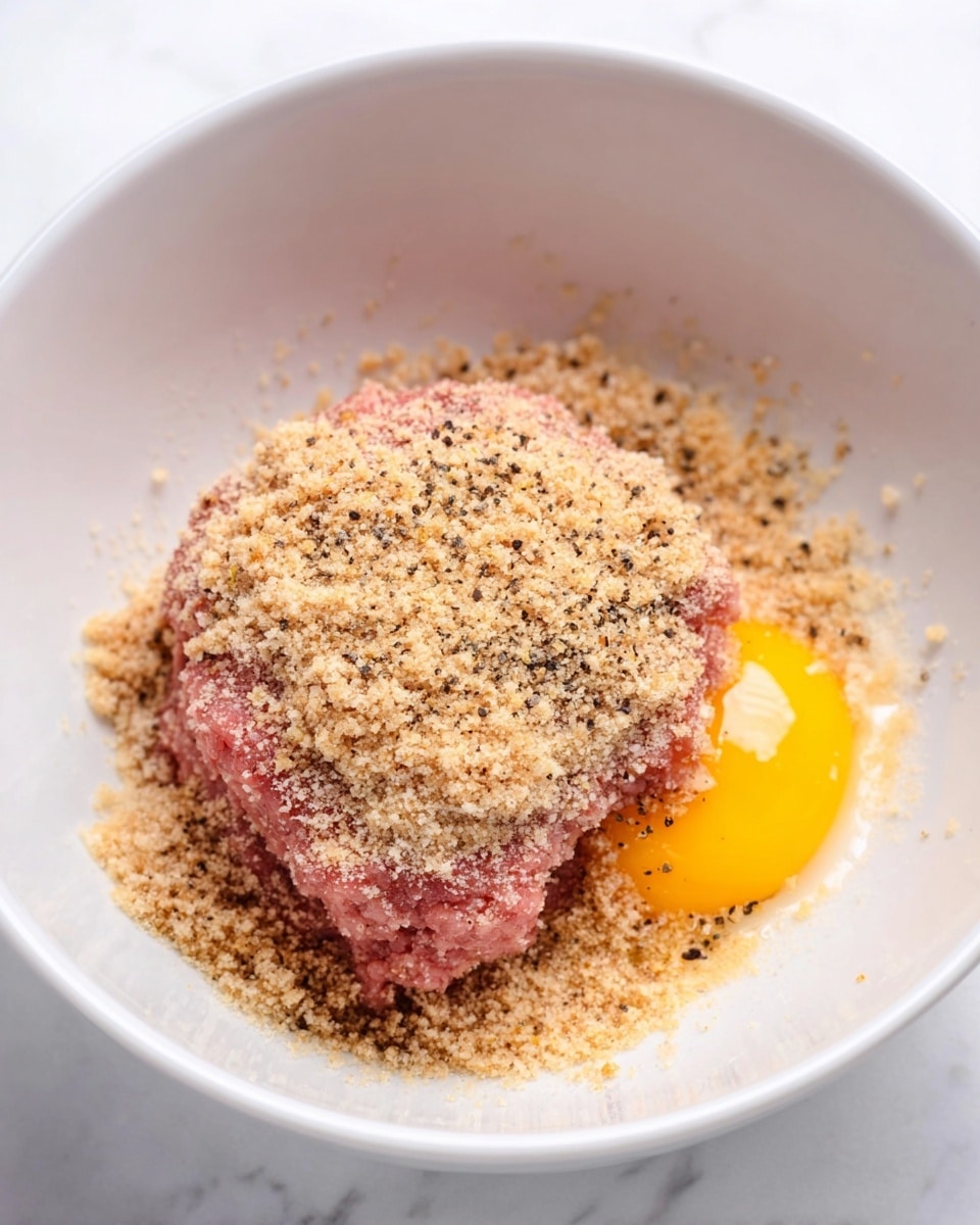 A close-up image of a white bowl with three main layers: at the bottom, a yellow egg yolk slightly covered by the layer above; in the middle, raw pink ground meat shaped in a square; on top, a light brown breadcrumb mixture sprinkled evenly over the meat and yolk, with visible black pepper flakes adding texture. The background is a white marbled surface. photo taken with an iphone --ar 4:5 --v 7