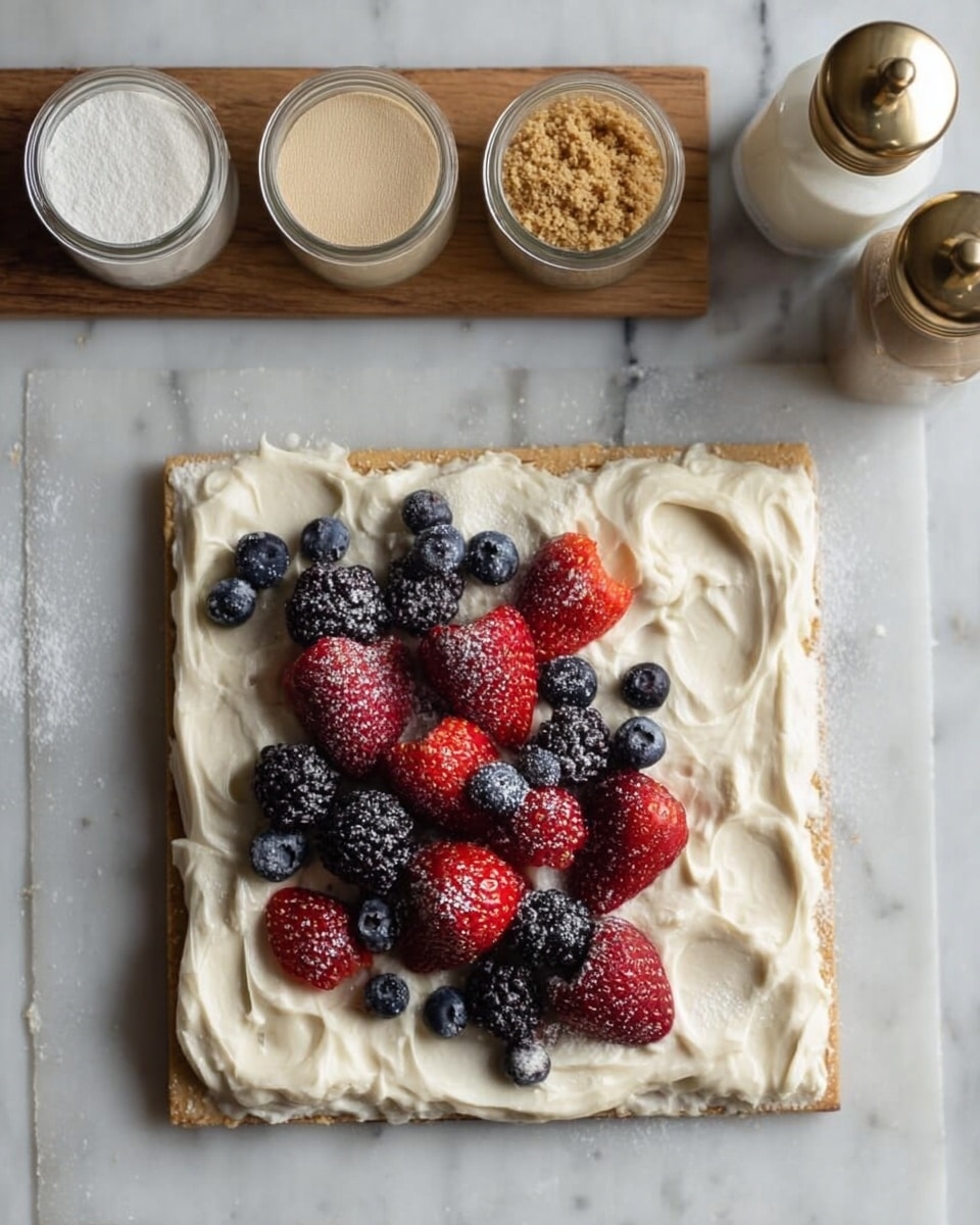 A square cracker base lies flat on a white marbled surface, covered with a thick, creamy white layer spread evenly with visible swirls. On top, clusters of fresh berries including red strawberries, dark blackberries, and small blue blueberries are scattered, each berry lightly dusted with a fine layer of white powder. Above the cracker are four small jars arranged in a row on a wooden board, containing a white powder, a creamy beige spread, a golden brown crumbly substance, and a white shaker with a gold top. The overall scene is simple and fresh with a mix of soft, creamy and vibrant fruit textures visible. photo taken with an iphone --ar 4:5 --v 7
