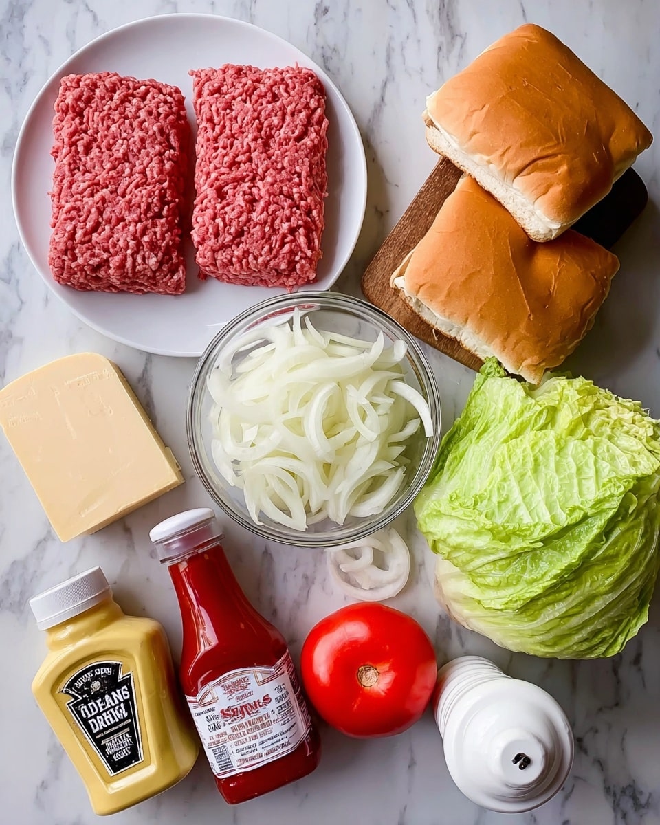 The image shows raw burger ingredients arranged on a white marbled surface. On the top left is a white plate holding two rectangular, pinkish-red ground beef patties side by side, showing their soft textured patterns. Below them is a pale yellow slice of cheese wrapped loosely in wax paper. To the right is a glass bowl filled with thinly sliced, white onions, layered loosely inside. Above the bowl are two golden brown sandwich buns stacked slightly on each other. Next to the buns on the right is a large, pale green head of lettuce with visible leaf texture, partly overlapping a bright red, smooth tomato beside it. On the bottom right corner is a white pepper grinder. In line below the bowl of onions is a red bottle of tomato ketchup marked with a white label, followed by a yellow and white bottle of mayonnaise with a black logo, and a small glass container filled with white salt. The background is a clean, white marbled surface. photo taken with an iphone --ar 4:5 --v 7