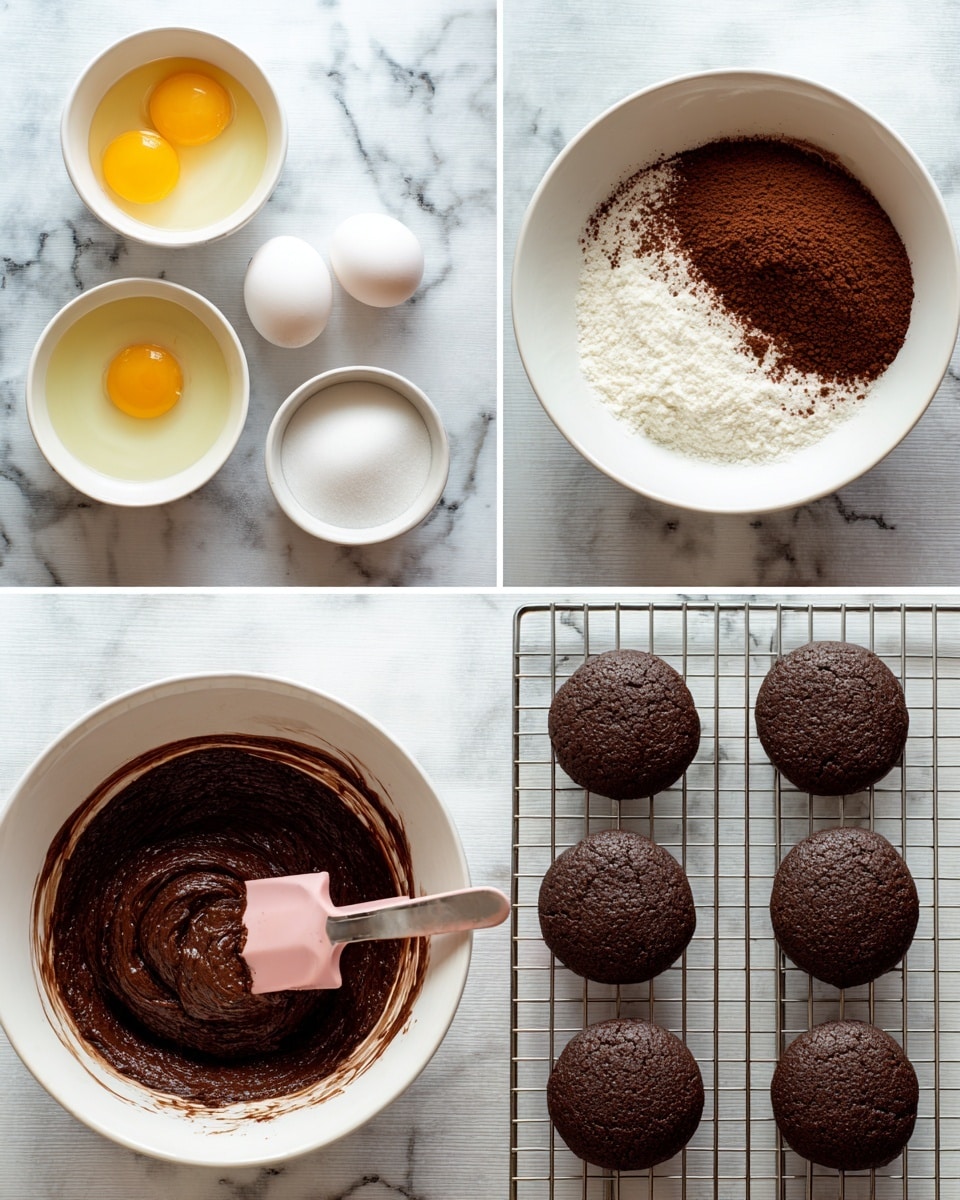 The image shows the process of making chocolate cookies in three panels. The first panel has two white bowls on a white marbled surface; the left bowl holds three eggs, some white cream, and sugar, while the right bowl contains white flour, dark brown cocoa powder, and baking powder. The second panel shows a white bowl with the mixed dark brown cookie batter with a pink spatula resting inside; the texture is smooth and thick. The third panel shows twelve round, dark brown baked cookies with a slightly rough texture, cooling on a metal wire rack placed on the white marbled surface. Photo taken with an iphone --ar 4:5 --v 7