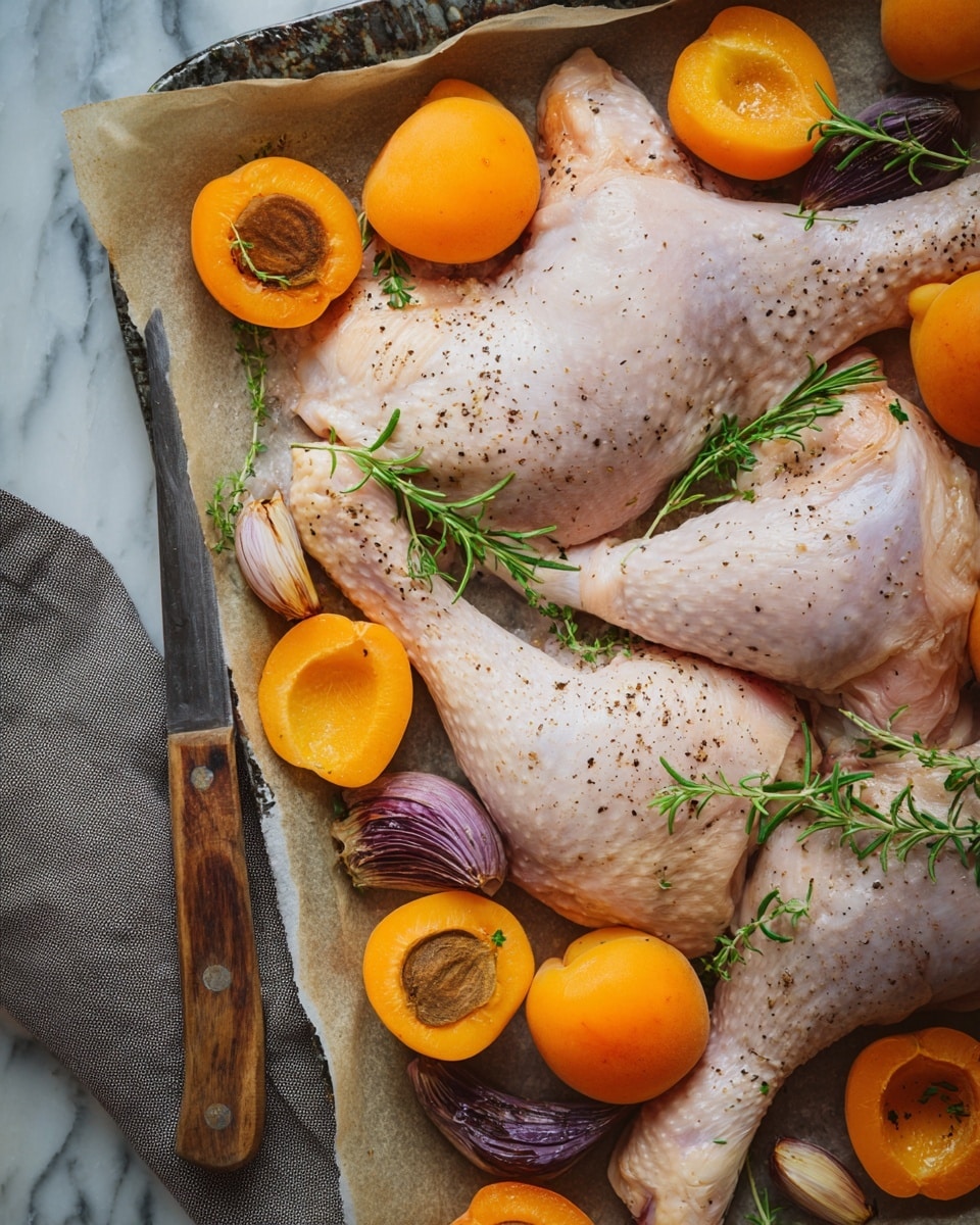 A close-up view of a cooking tray lined with parchment paper holding raw chicken legs with skin that is pale pink with small black pepper specks, surrounded by halved bright orange apricots with dark brown pits, quartered light purple shallots, whole light brown garlic cloves, and sprigs of fresh green rosemary scattered on top and around. There is a knife with a wooden handle on a grey cloth next to the tray, all placed on a white marbled surface. Photo taken with an iphone --ar 4:5 --v 7