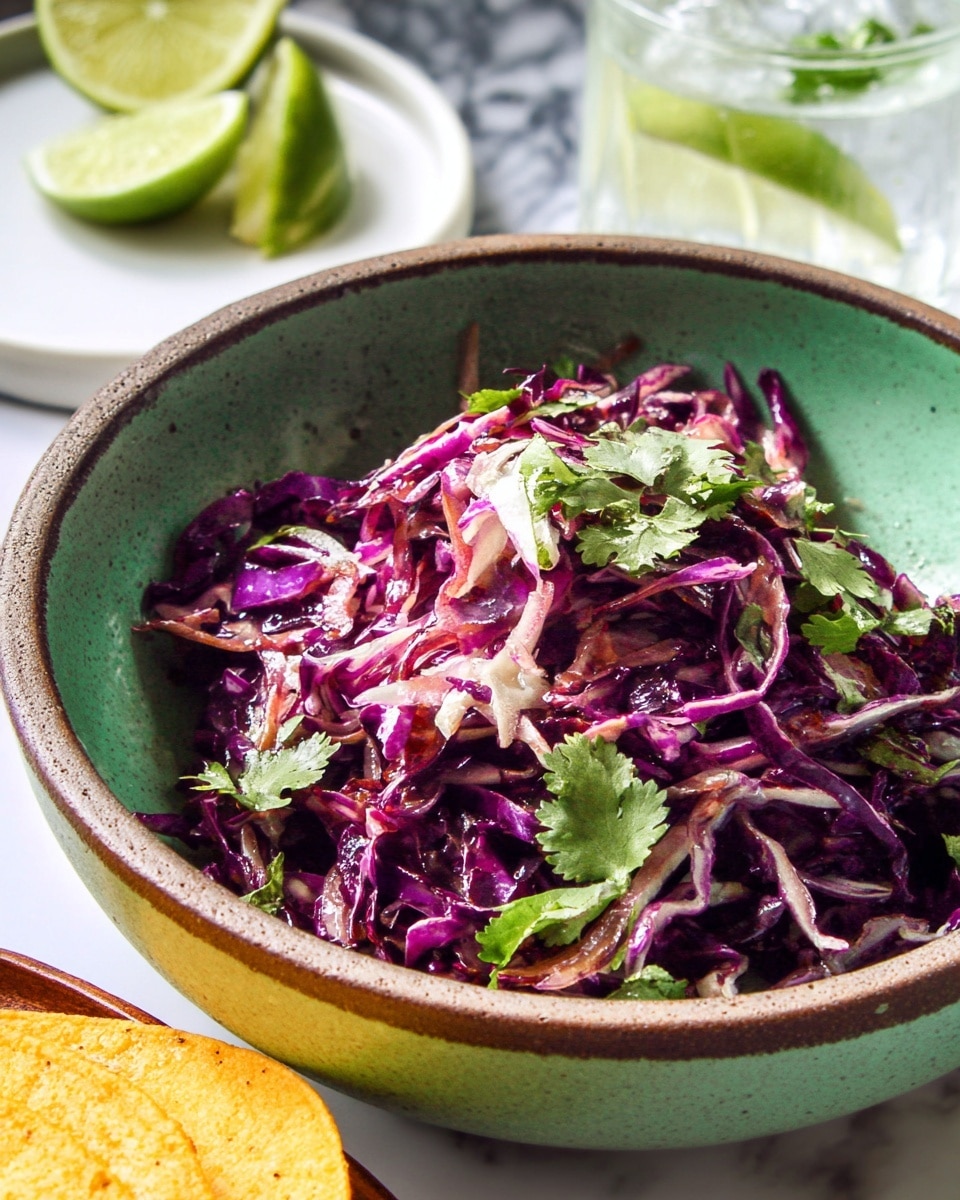 A close-up of a bowl with two layers: the bottom layer is a smooth green with a shiny texture, and the outer rim is a rough brown. Inside the bowl, there is a mixed salad mainly made of thin shredded purple cabbage with some green cilantro leaves scattered on top. The salad has some small pieces of light brown bits mixed in. In the background, there are two lime wedges, one dark green and one light green, placed on a white marbled surface. On the right side, there is a clear glass with ice and a lime wedge inside, water visible, and part of a white plate with a yellow round tortilla on the left side. Photo taken with an iphone --ar 4:5 --v 7