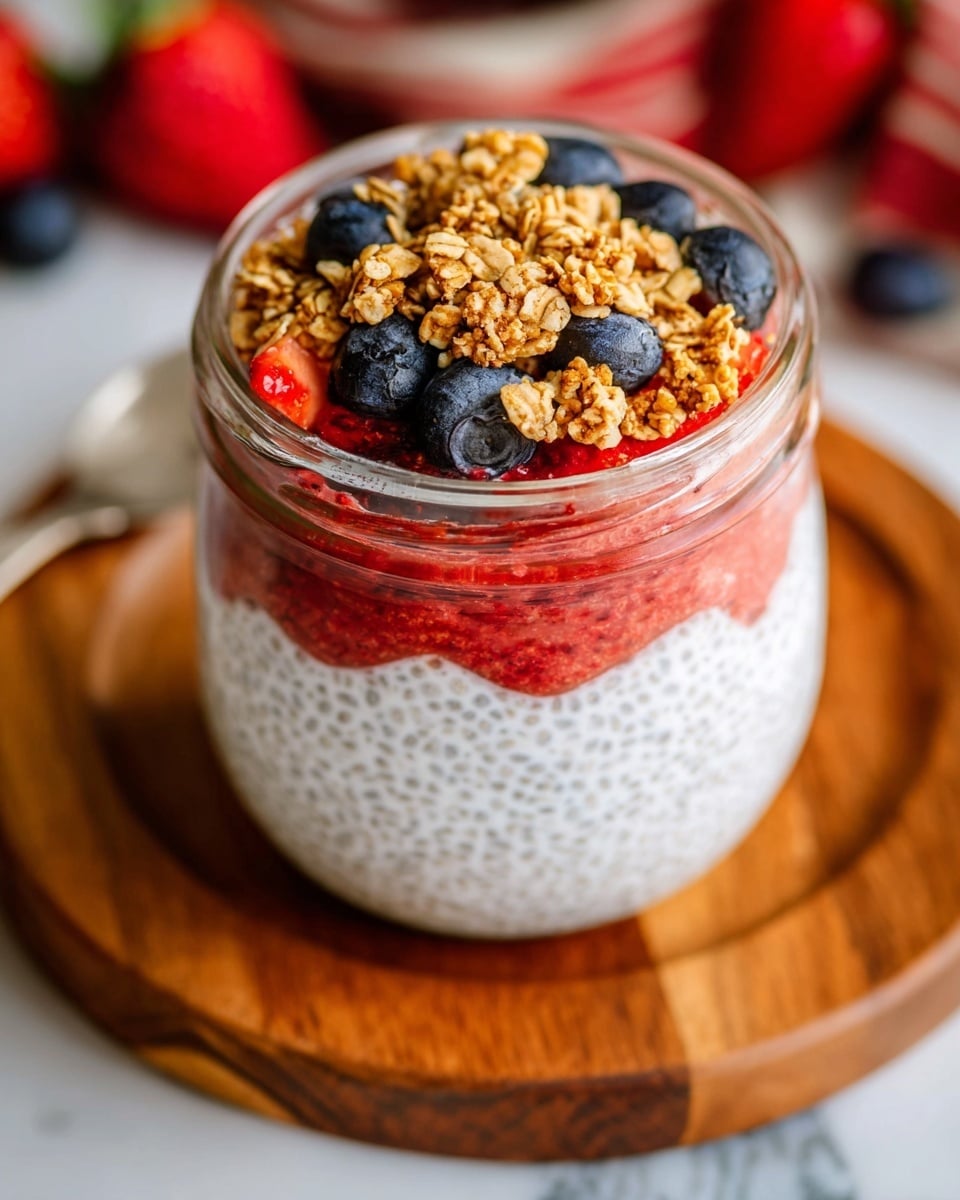 A clear glass jar filled with three layers: the bottom two layers are white with a smooth textured chia pudding, and the top layer is a mix of red strawberry sauce and small red strawberry pieces. On the very top, there is a layer of golden brown granola sprinkled with whole dark blue blueberries and more small strawberry pieces. The jar sits on a wooden coaster, with blurred strawberries and blueberries in the background, all on a white marbled surface. photo taken with an iphone --ar 4:5 --v 7