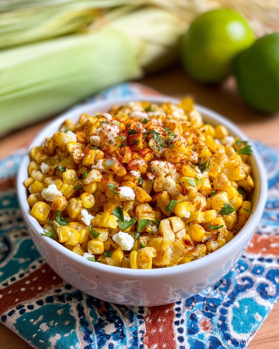 A white plate filled with a single layer of bright yellow corn kernels, some toasted to a light brown, sprinkled generously with small white crumbles of cheese and finely chopped green herbs. There is a soft red powder dusted lightly over the corn, mainly concentrated in the middle and toward one side of the plate. Two lime wedges sit on the top edge of the plate, their light green flesh contrasting with the yellows and reds. The plate is placed on a white marbled surface with colorful, patterned cloths partially visible beneath it. photo taken with an iphone --ar 4:5 --v 7