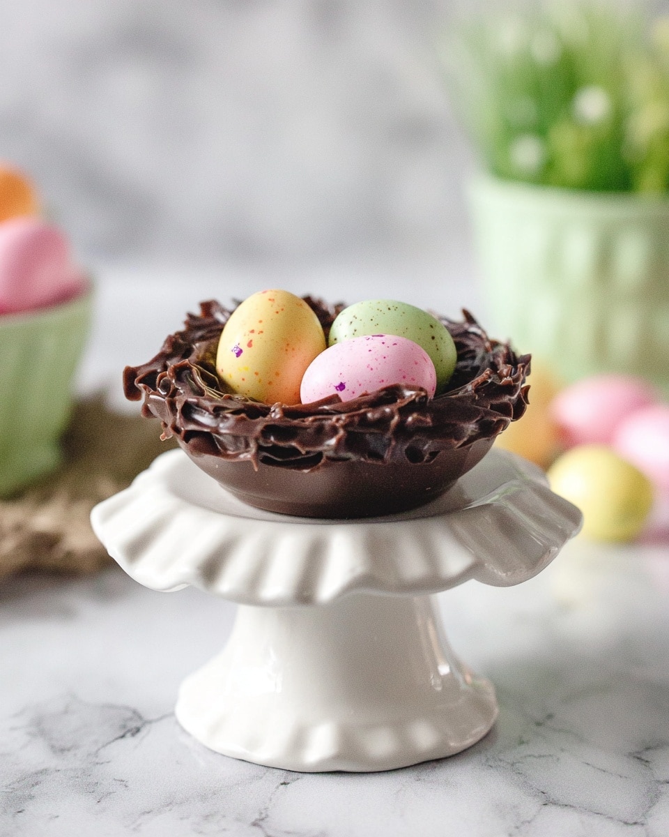 A small chocolate nest with a rough, textured surface made from melting chocolate pieces formed in a round shape, sitting on a white ruffled pedestal. Inside the nest are three small, smooth, speckled candy eggs in pastel colors: pink, yellow, and green. The background shows blurred greenery and other colored eggs, all on a white marbled surface. photo taken with an iphone --ar 4:5 --v 7