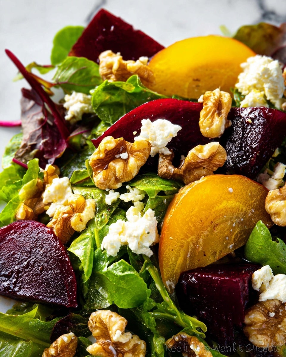 The image shows a close-up of a fresh salad on a white marbled surface. The salad has several layers: the base consists of mixed green leaves with bright green and deep red hues. On top, there are slices of yellow and dark red beets adding vibrant color. Scattered over the salad are chunky pieces of creamy white cheese and rough, golden-brown walnut halves, creating a textured contrast. The salad looks fresh and colorful, with a mix of smooth, leafy, crumbly, and crunchy textures. photo taken with an iphone --ar 4:5 --v 7