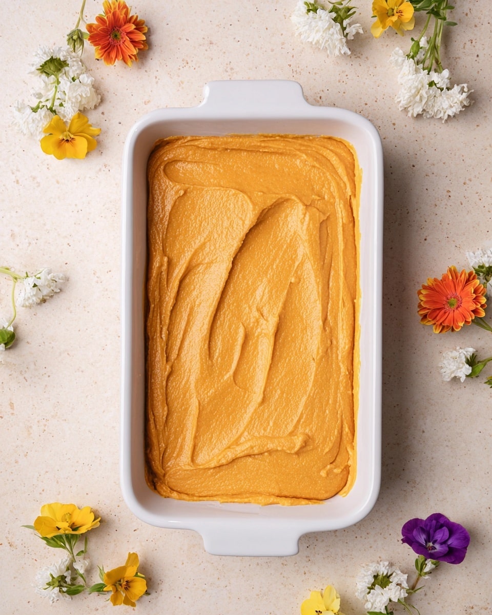 A white rectangular dish filled with one thick layer of smooth, orange batter evenly spread inside it. The dish is placed on a light beige, slightly textured surface with scattered small colorful flowers around it, including white, yellow, orange, and violet blossoms, giving a fresh and soft look. photo taken with an iphone --ar 4:5 --v 7