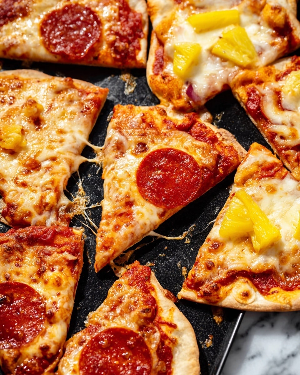 Several slices of thin-crust pizza are arranged on a dark tray over a white marbled surface. Each slice has a golden brown crust with a base layer of bright red tomato sauce, topped with melted, slightly browned cheese that looks stretchy and gooey. Some slices have one round red pepperoni piece near the center, with small browned spots and oily shine. Other slices are topped with yellow pineapple chunks over the cheese. The cheese texture varies with some parts smooth and shiny while others are bubbled or stringy. The tray shows bits of melted cheese and crumbs. Photo taken with an iphone --ar 4:5 --v 7