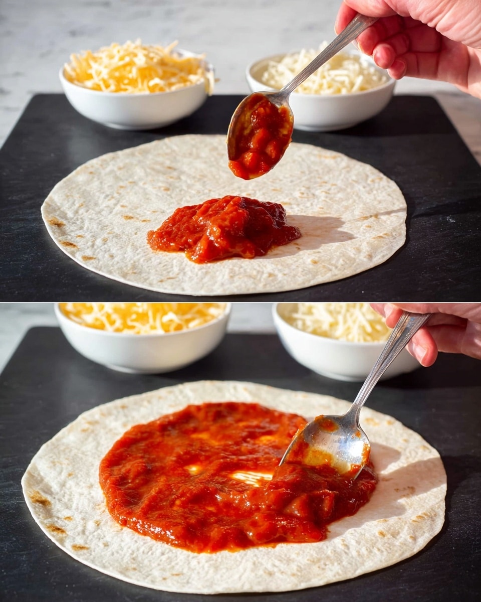 The image shows a soft and flat white tortilla placed on a black surface with a white marbled texture in the background. In the first part of the image, a woman's hand holds a shiny silver spoon, dropping two thick dollops of red tomato sauce with chunks onto the center of the tortilla. In the second part, the woman's hand spreads the sauce evenly in a thin red layer over the entire tortilla, revealing its slightly textured surface. Behind the tortilla, there are two white bowls filled with shredded white and yellow cheese. Photo taken with an iphone --ar 4:5 --v 7