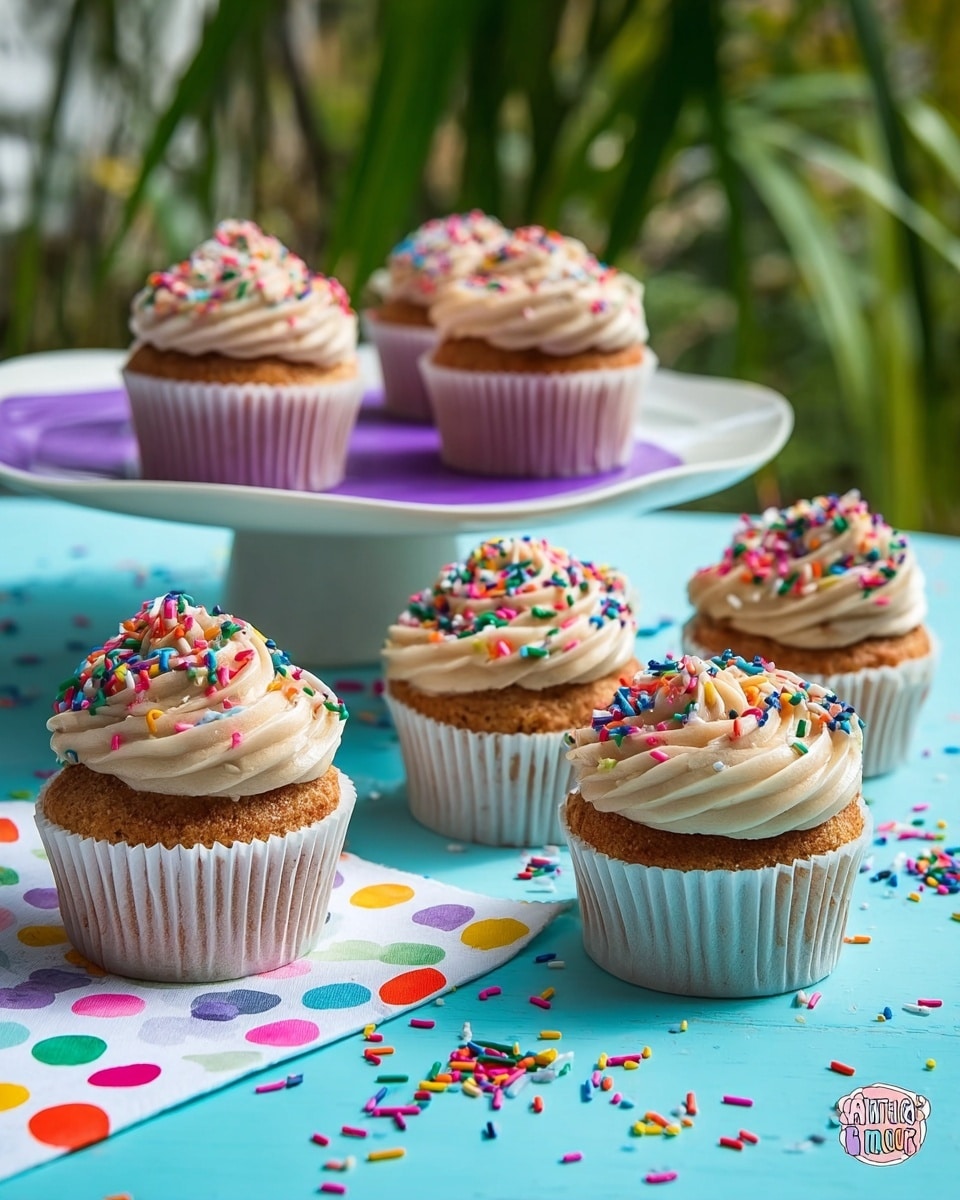 The image shows six cupcakes with three layers each: a light brown cake base at the bottom, a swirl of creamy beige frosting on top, and colorful sprinkles sprinkled over the frosting. The cupcakes are in white paper liners. Five cupcakes stand on a light blue surface with scattered sprinkles, and one cupcake is on a white plate with a purple center, which sits on a white marbled surface covered partly by a white cloth with colorful polka dots. The background includes green plants and a blurred bright outdoor view. photo taken with an iphone --ar 4:5 --v 7