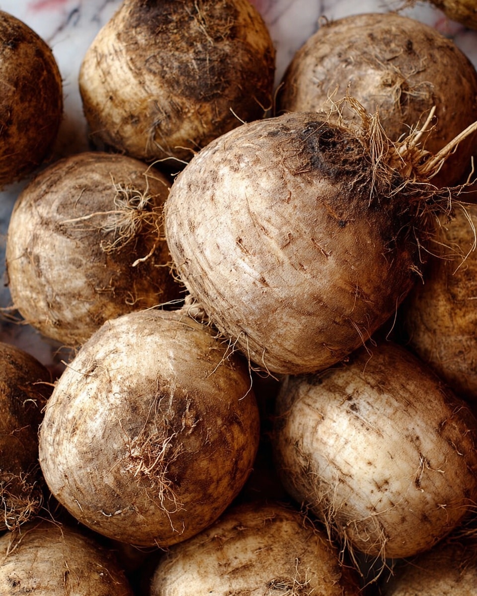 The image shows several large round root vegetables with rough, light brown skin and some dirt still on them. They have stringy thin roots sticking out, and the surface looks coarse and uneven. The vegetables are piled closely together, filling the frame, with a few of them overlapping. The background shows a hint of a white marbled texture. Photo taken with an iphone --ar 4:5 --v 7