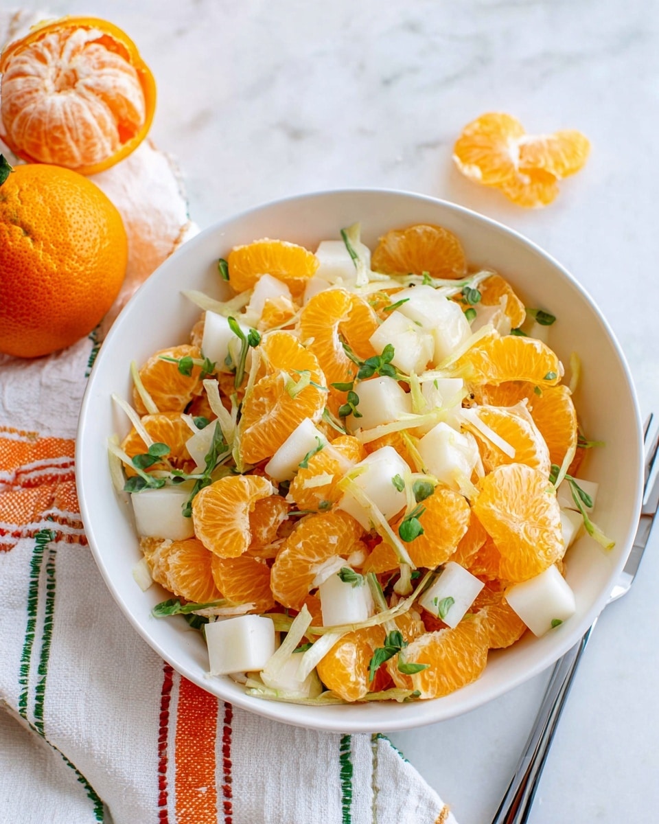 A white bowl filled with a fresh salad made of bright orange pieces of peeled mandarin, white cubes of jicama, thin pale yellow slices of onion, and small green herb leaves scattered on top. The bowl is placed on a white marbled surface next to an unpeeled mandarin with its peel partly opened. A white cloth with orange and green stitched lines rests behind the bowl. A silver fork is visible at the bottom right corner near the bowl. Photo taken with an iphone --ar 4:5 --v 7