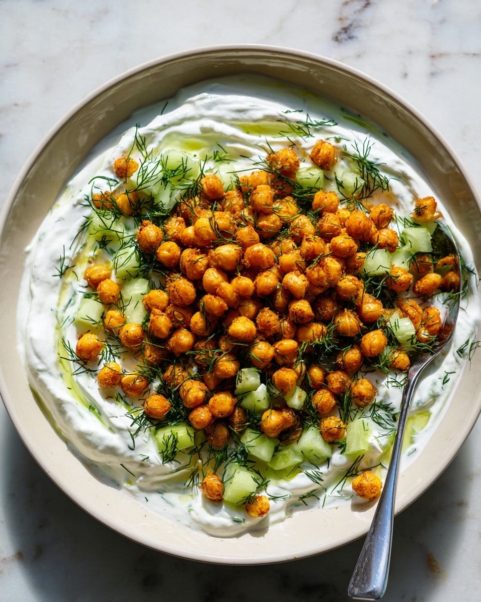 A shallow white bowl holds three main layers in this dish. The base layer is a creamy white yogurt spread smoothly across the bottom with some swirls visible. On top of the yogurt, scattered evenly, are small vibrant green cucumber cubes mixed with fresh dill sprigs, adding flecks of green and a light texture. The final layer consists of golden roasted chickpeas, piled mostly in the center, with their crisp texture and warm orange color contrasting against the greens and white yogurt. A silver spoon rests on the right side of the bowl. The bowl sits on a white marbled surface. Photo taken with an iphone --ar 4:5 --v 7