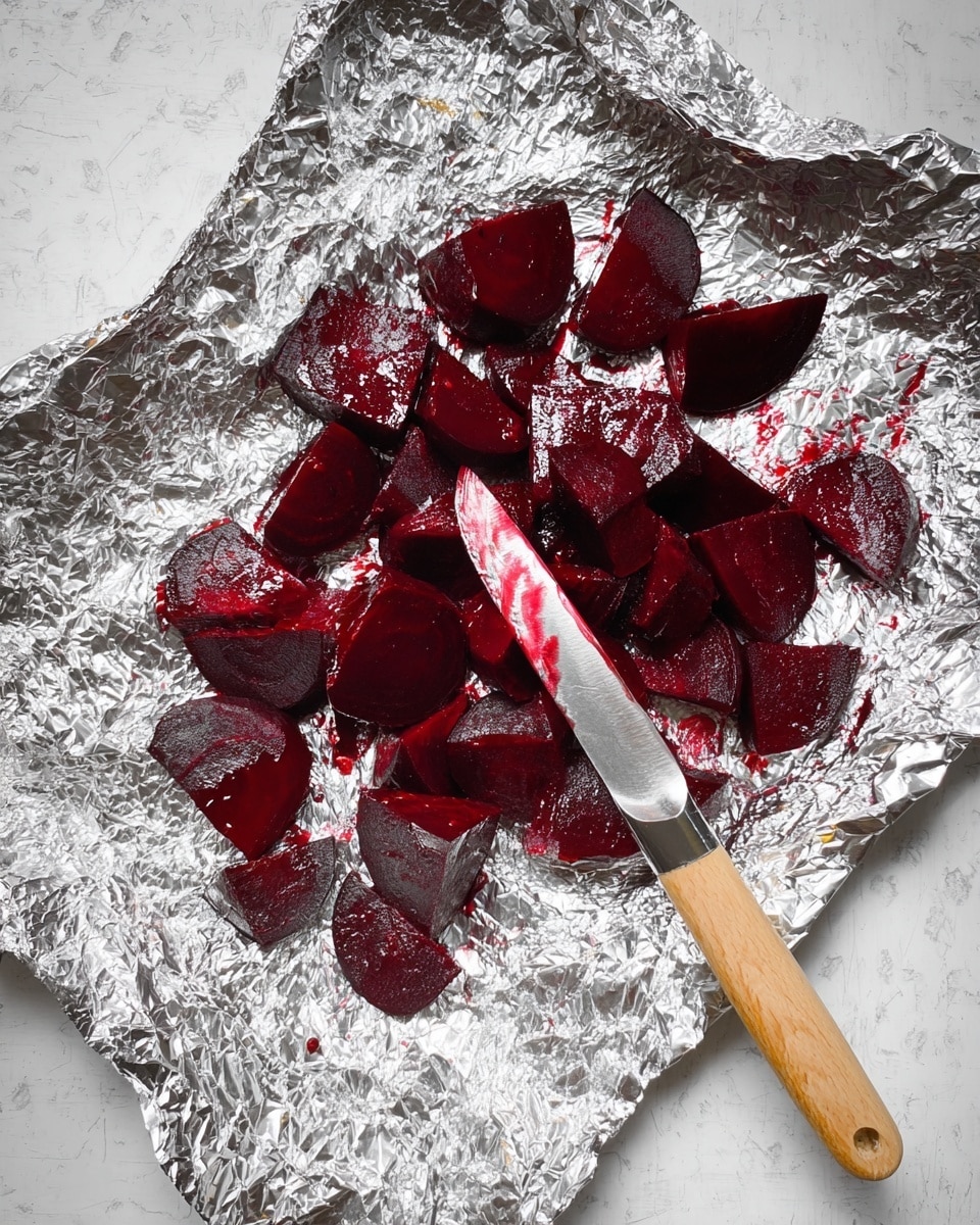 The image shows a single layer of dark red beet pieces placed on a crinkled silver foil sheet. The pieces are unevenly cut with glossy, wet surfaces reflecting light. A knife with a light wooden handle lies across the bottom right part of the foil, its blade slightly stained with beet juice. The foil and beet are set against a white marbled texture background. photo taken with an iphone --ar 4:5 --v 7